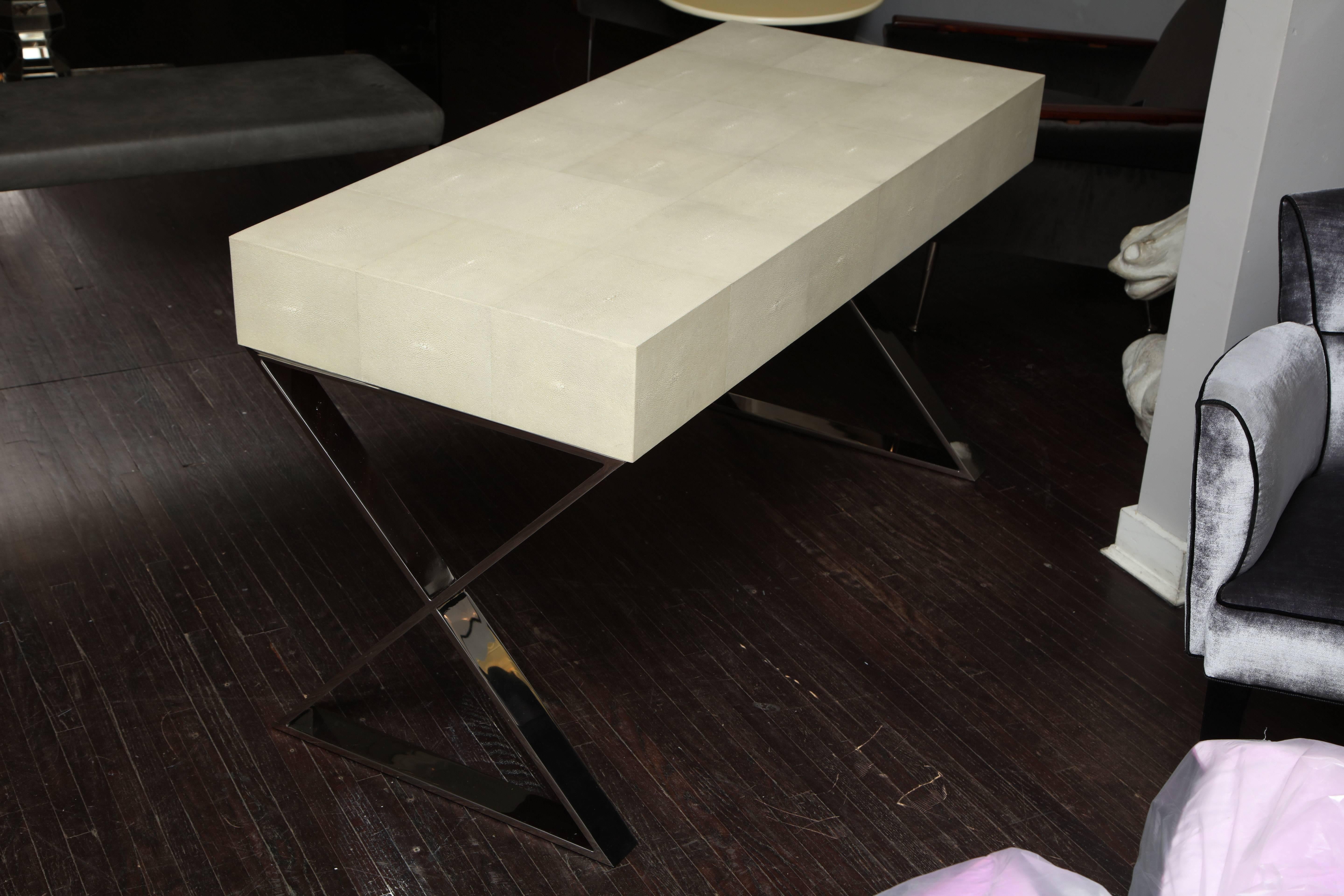 Genuine Shagreen Desk with Polished Chrome X-Band Base For Sale 3
