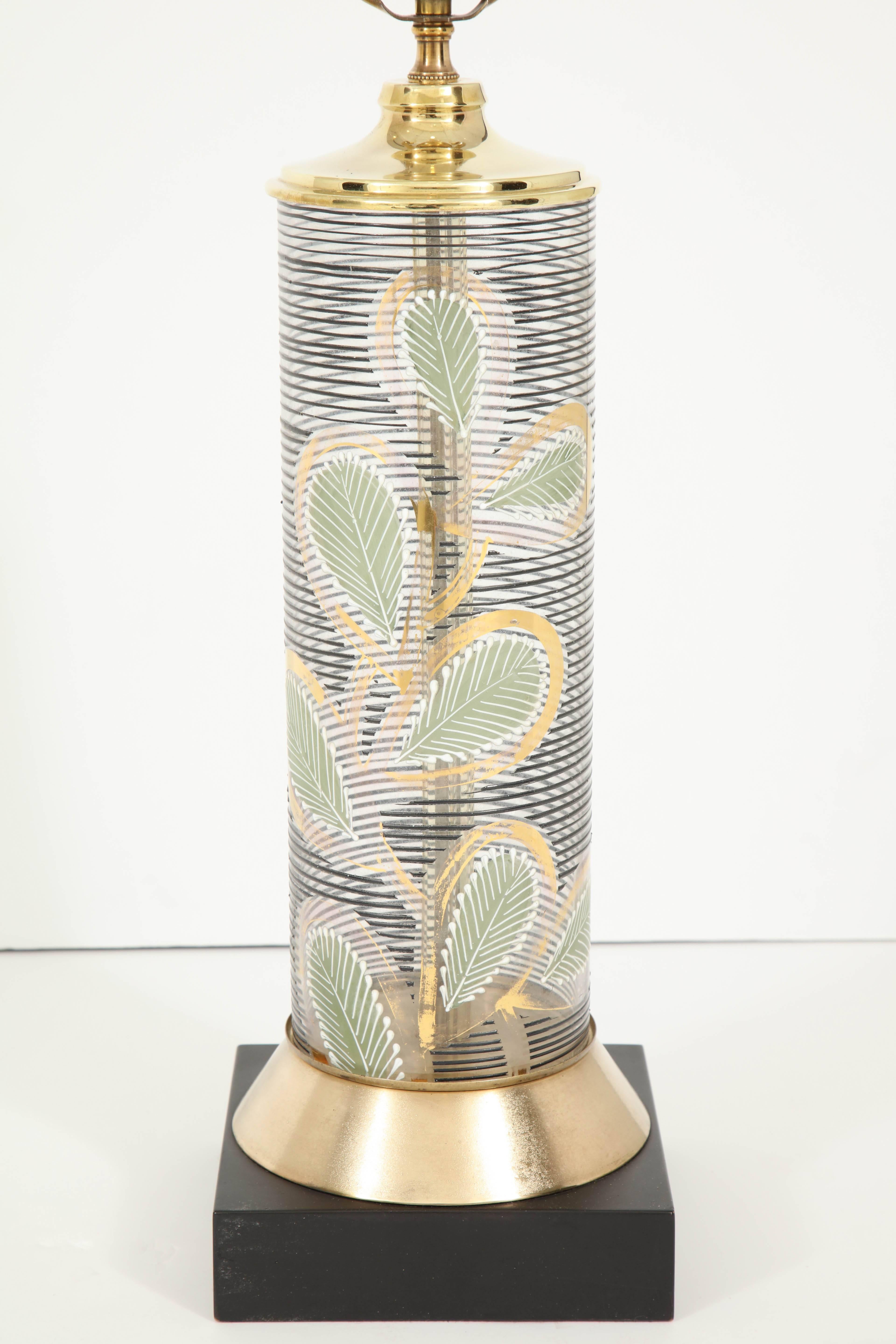 Decorative hand painted, glass, Mid-Century Modern table lamp, circa 1950.