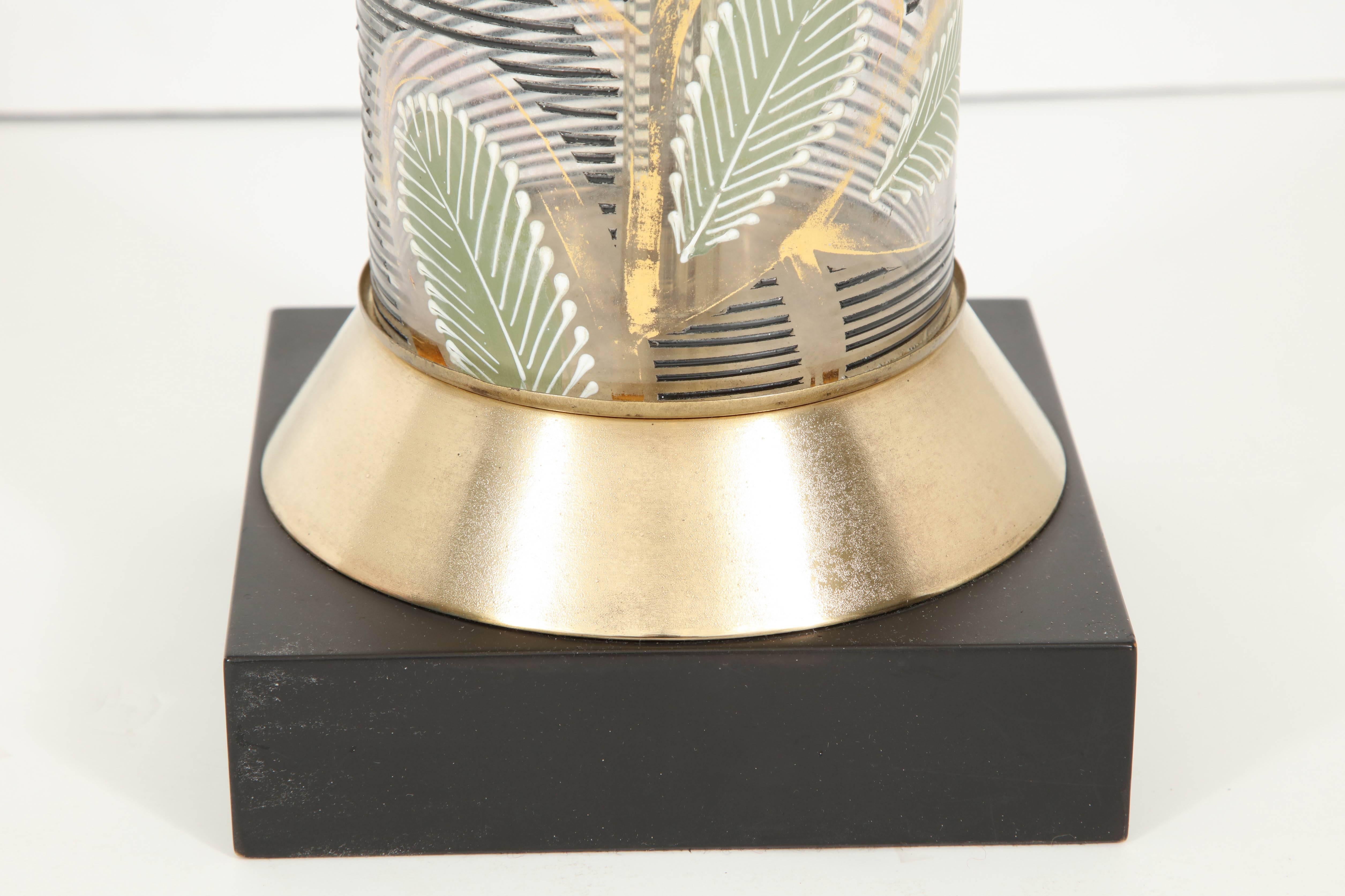 Mid-Century Modern Midcentury Table Lamp, Glass, Hand Painted, circa 1950, Gold/Green