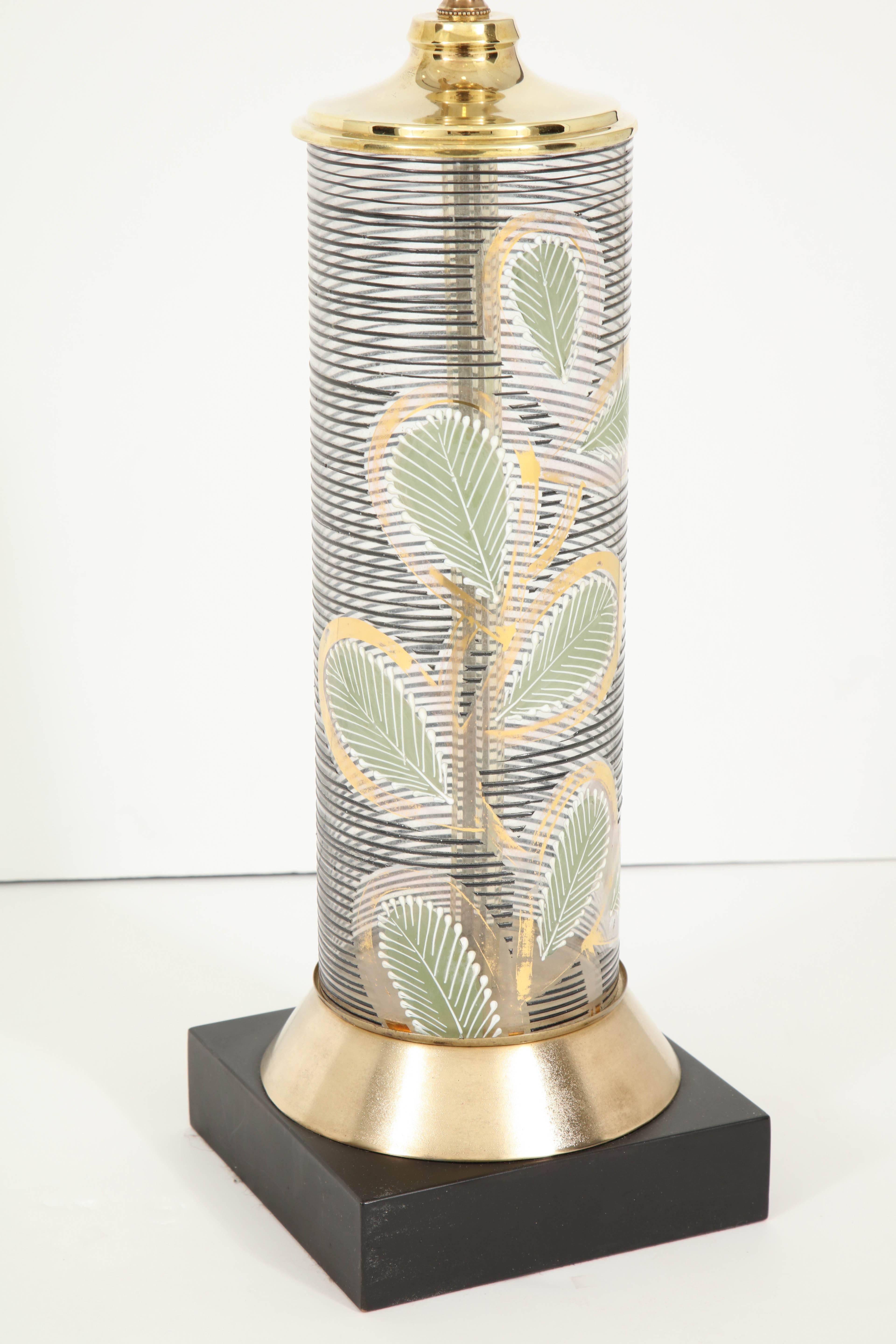 Hand-Painted Midcentury Table Lamp, Glass, Hand Painted, circa 1950, Gold/Green