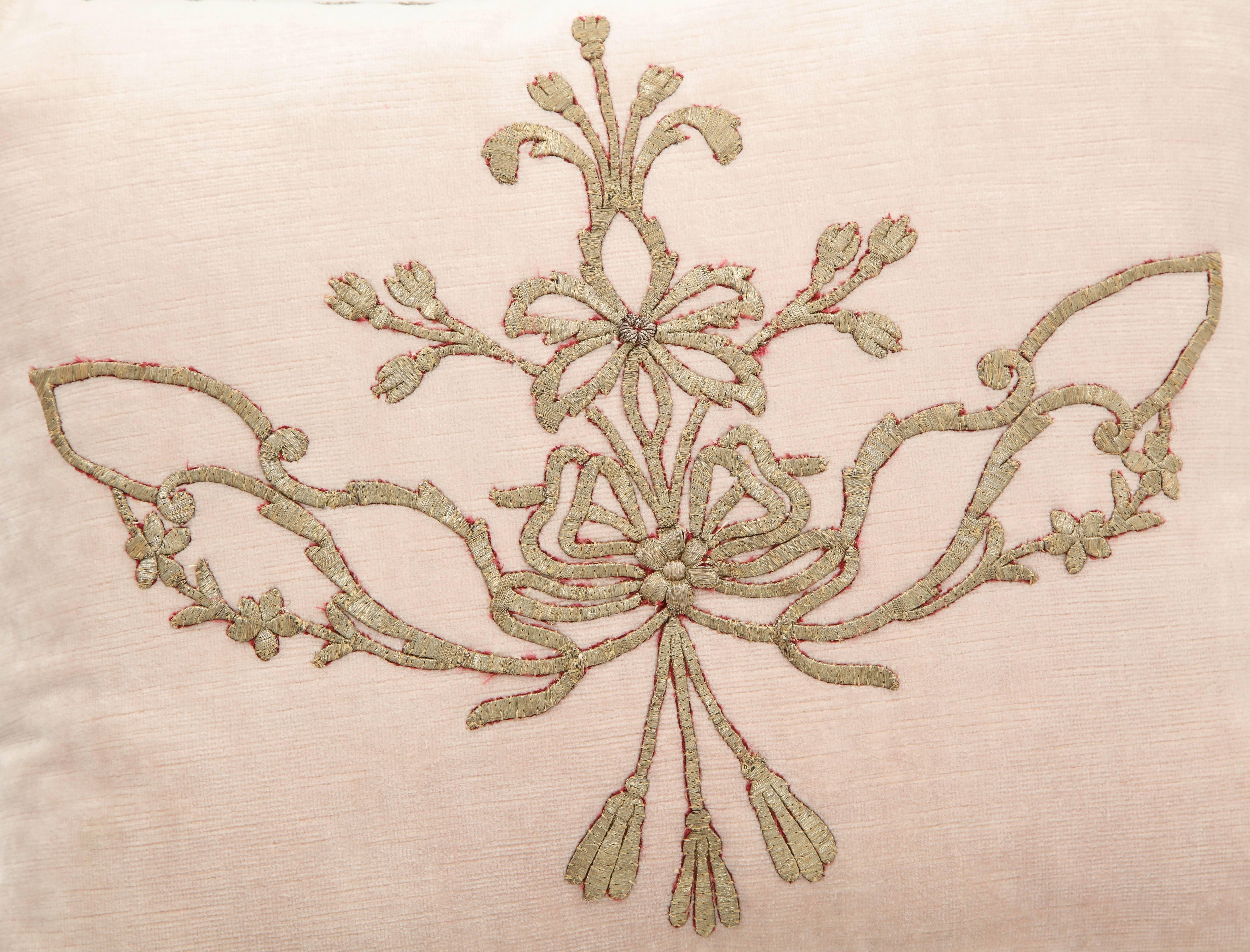 A lovely cushion from B. Viz design crafted on antique Ottoman Empire metallic embroidery on blush pink velvet; hand trimmed with silver metallic cord.