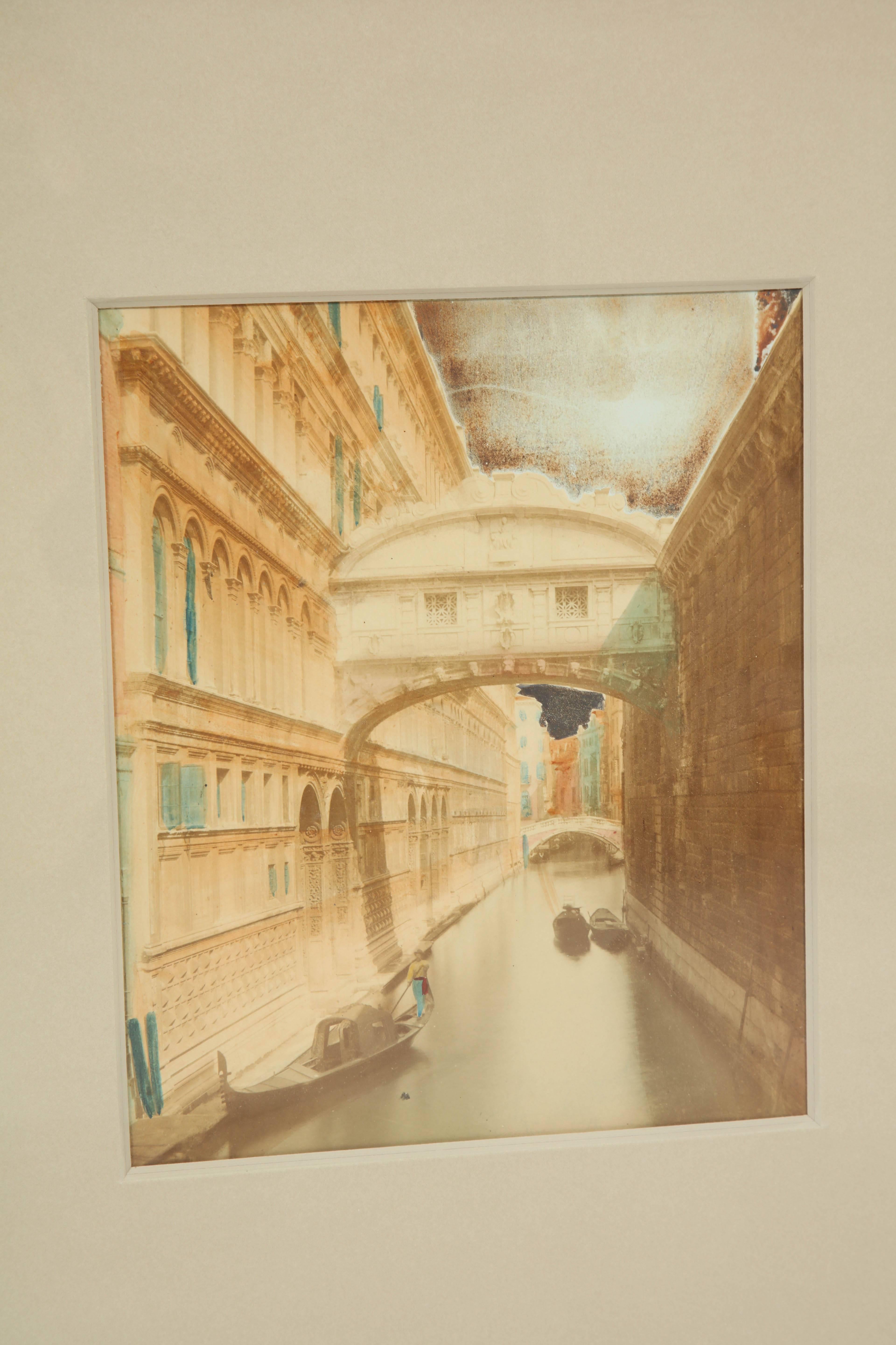 Handcolored photos of Venice, three available, circa 1900 as framed in a handmade combed gesso pyramid with panel frame.