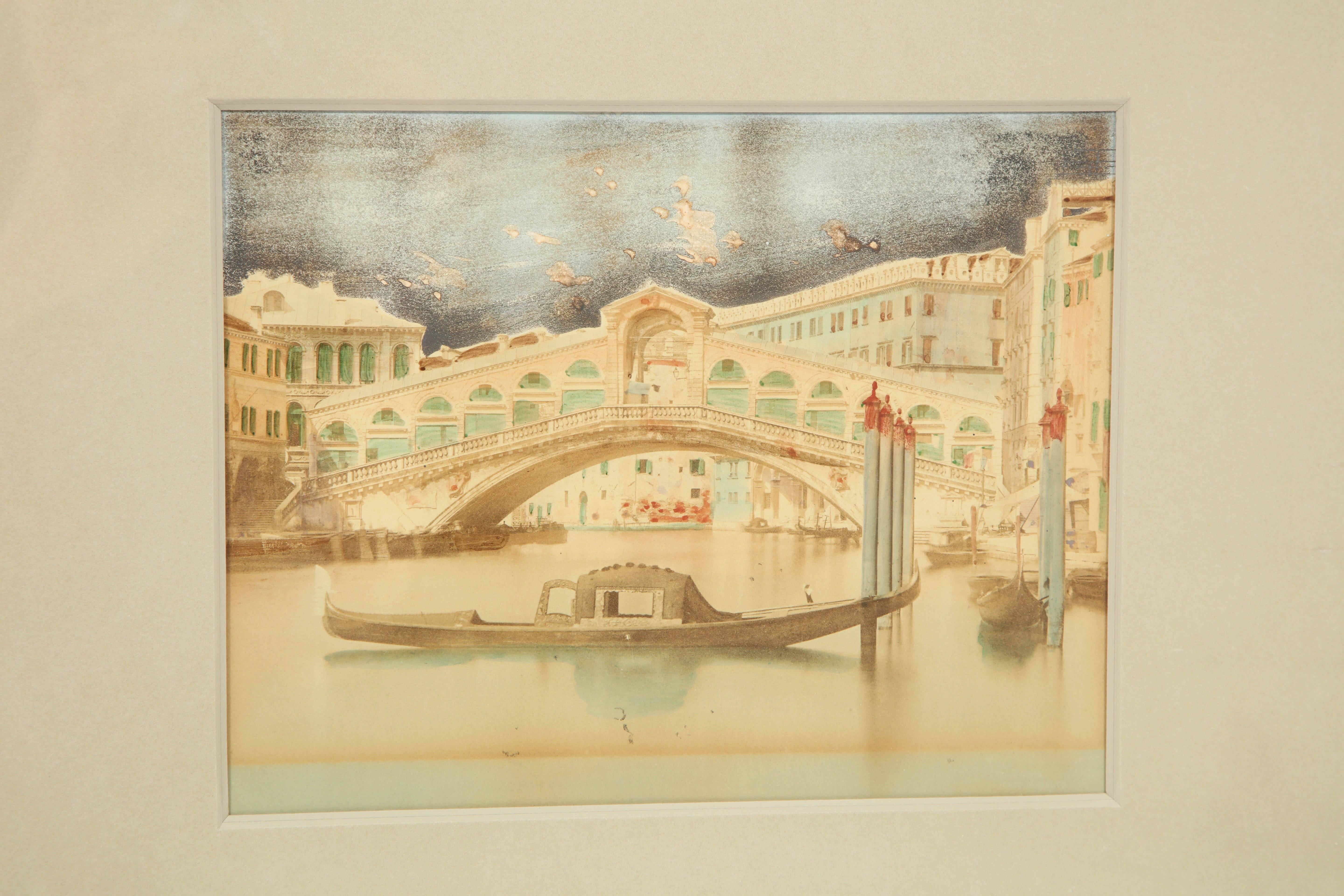 Handcovered photos of Venice, three available, circa 1900 as framed in a handmade combed gesso pyramid with panel frame.
   