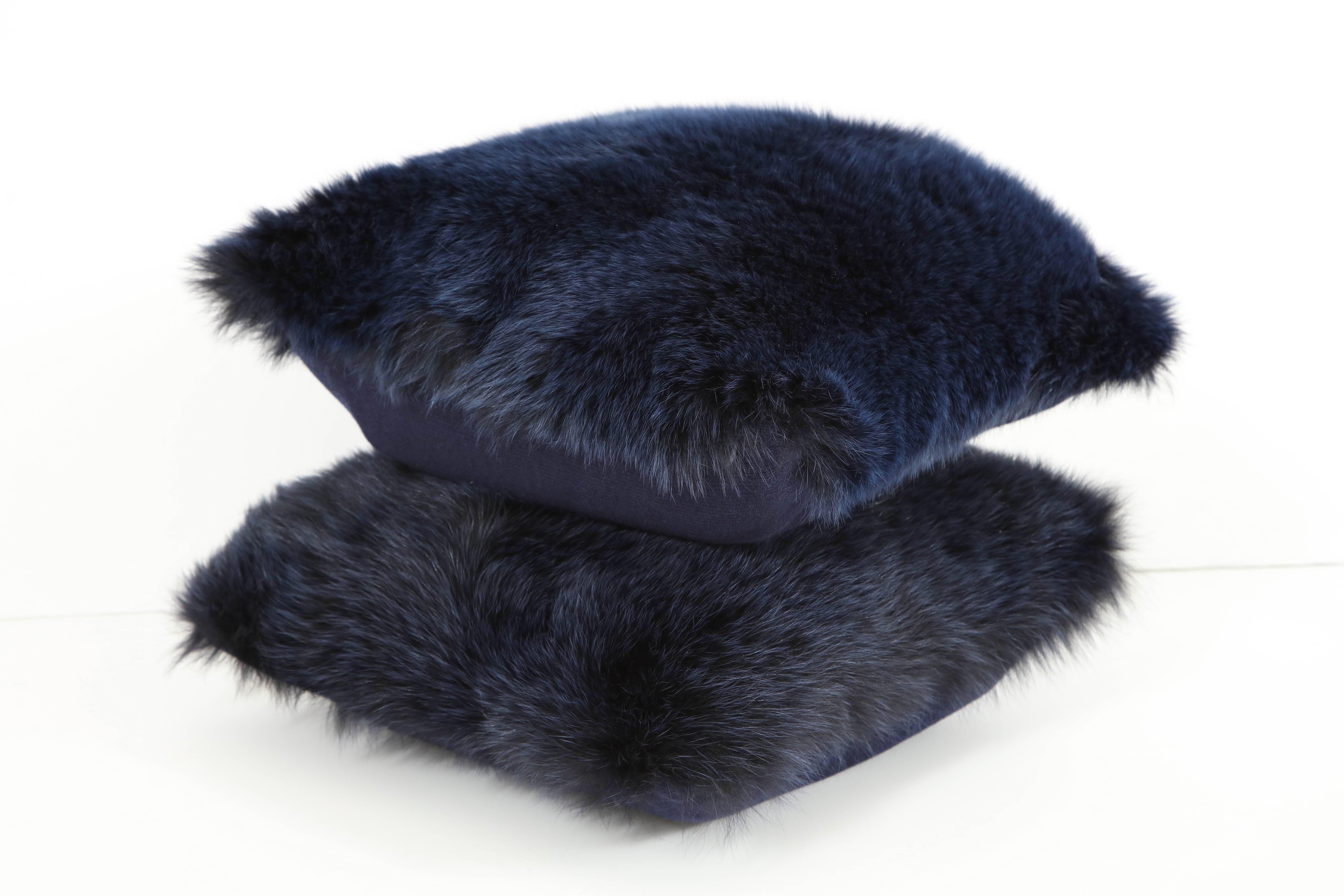 Pair of Navy Fur Pillows In Excellent Condition In New York, NY