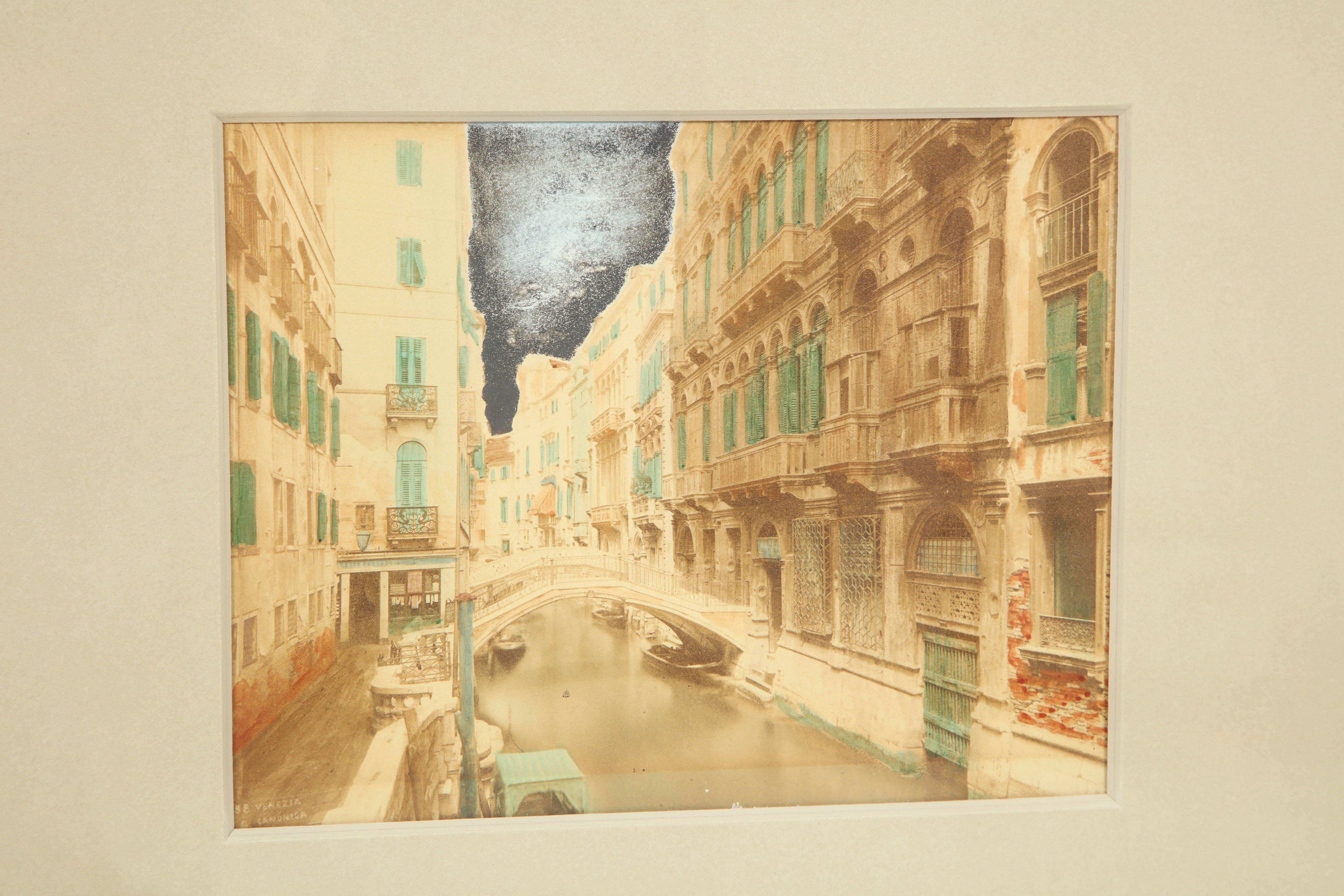 Handcolored photos of Venice, three available, circa 1900, as framed in handmade combed gesso pyramid panel frames.