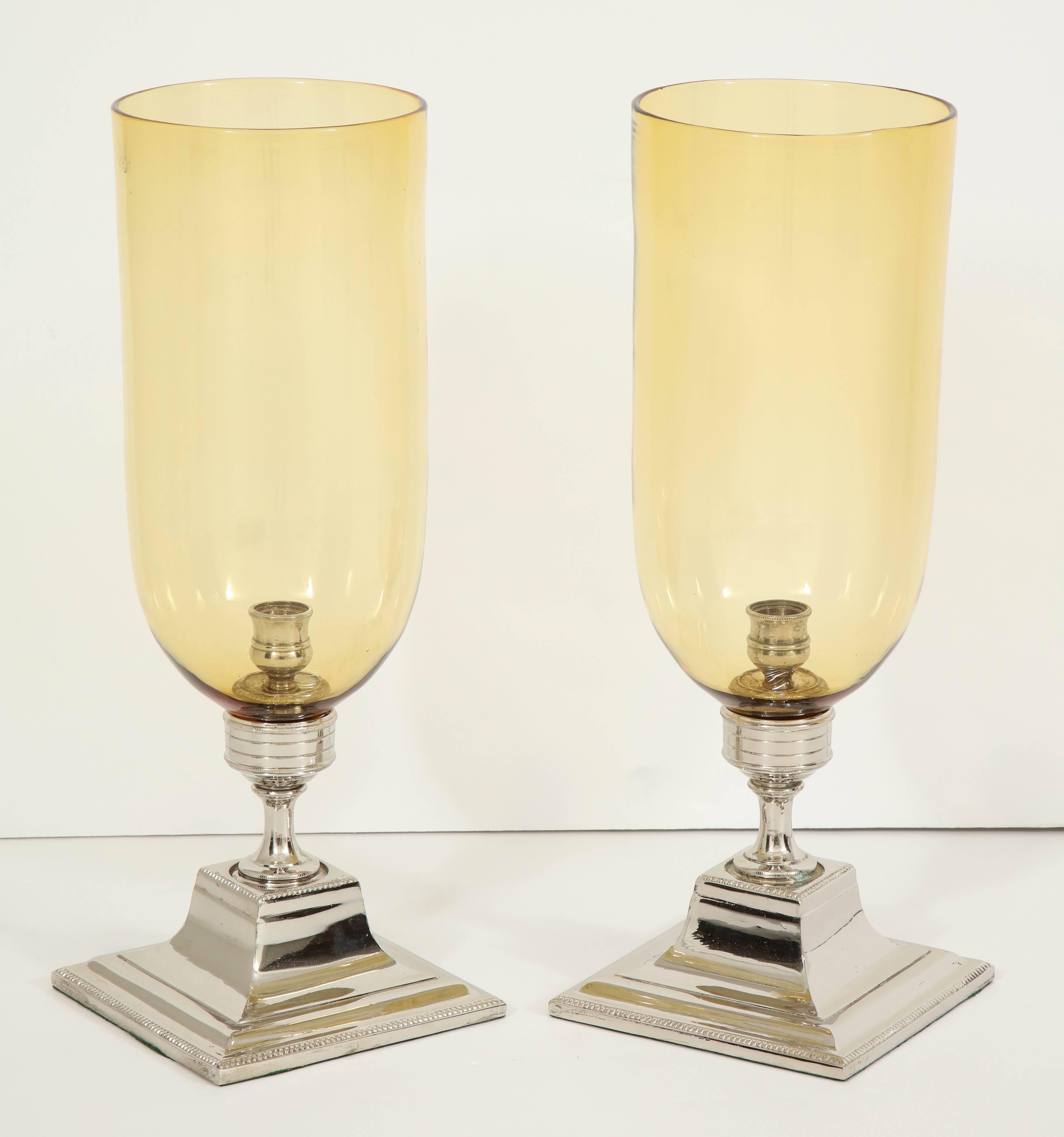 Pair of Amber Glass Hurricane Candleholders In Excellent Condition In New York, NY