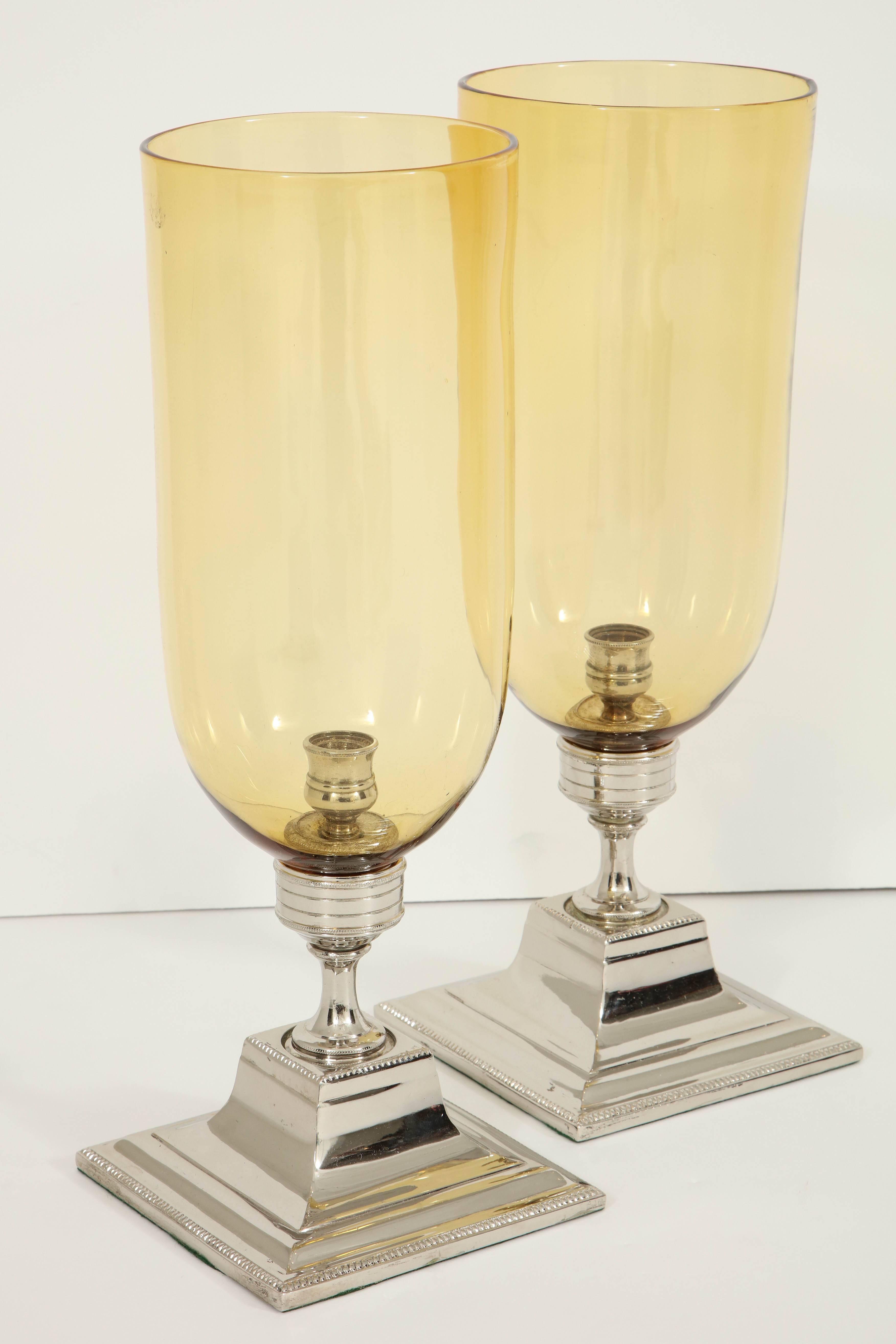 20th Century Pair of Amber Glass Hurricane Candleholders