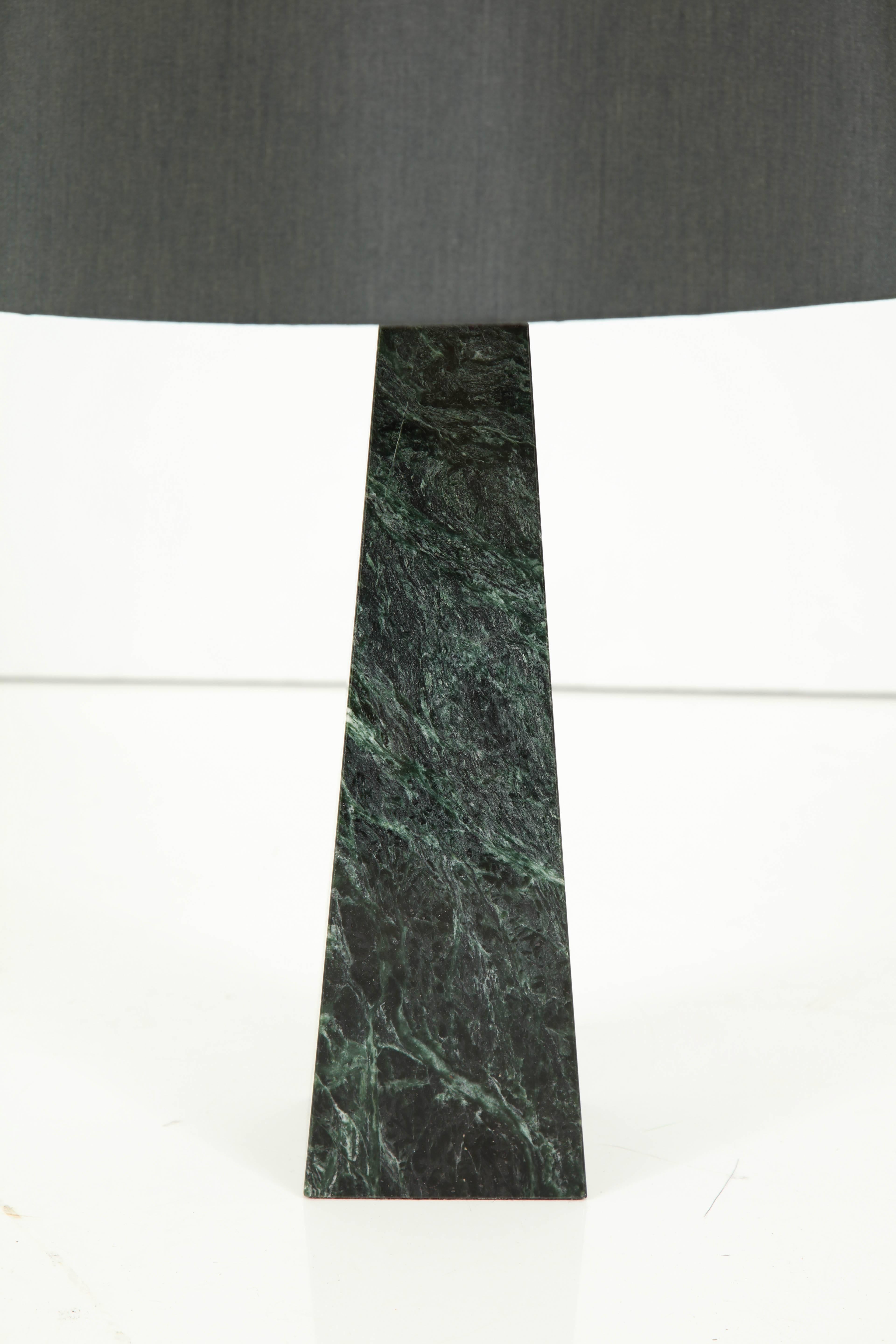 Green marble obelisk desk lamp with bronze finished hardware and charcoal silk shade, circa 1960.