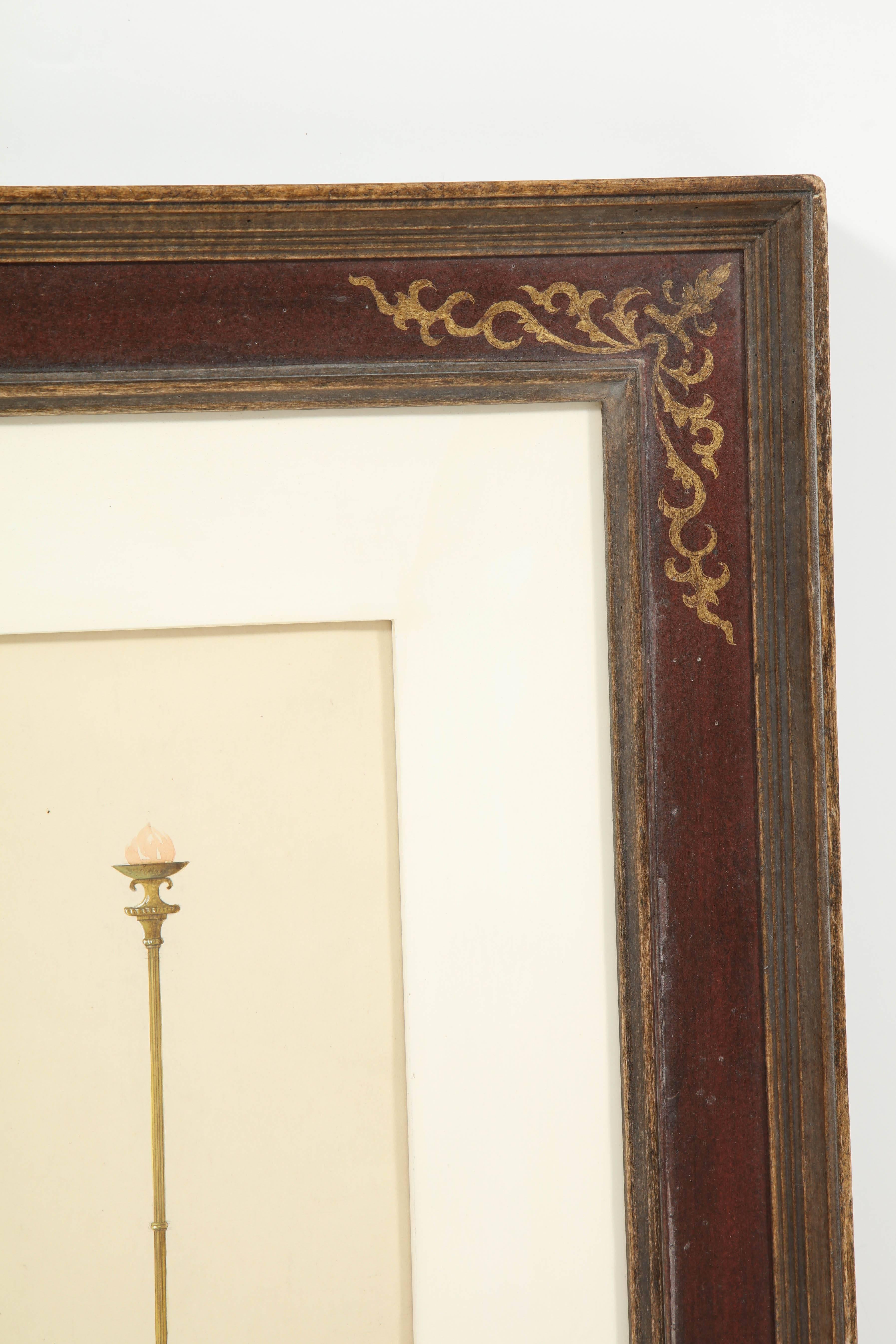 Gouache drawing of a Roman lantern, circa 1920 as framed in an Italian style mahogany frame with gilt corners.
