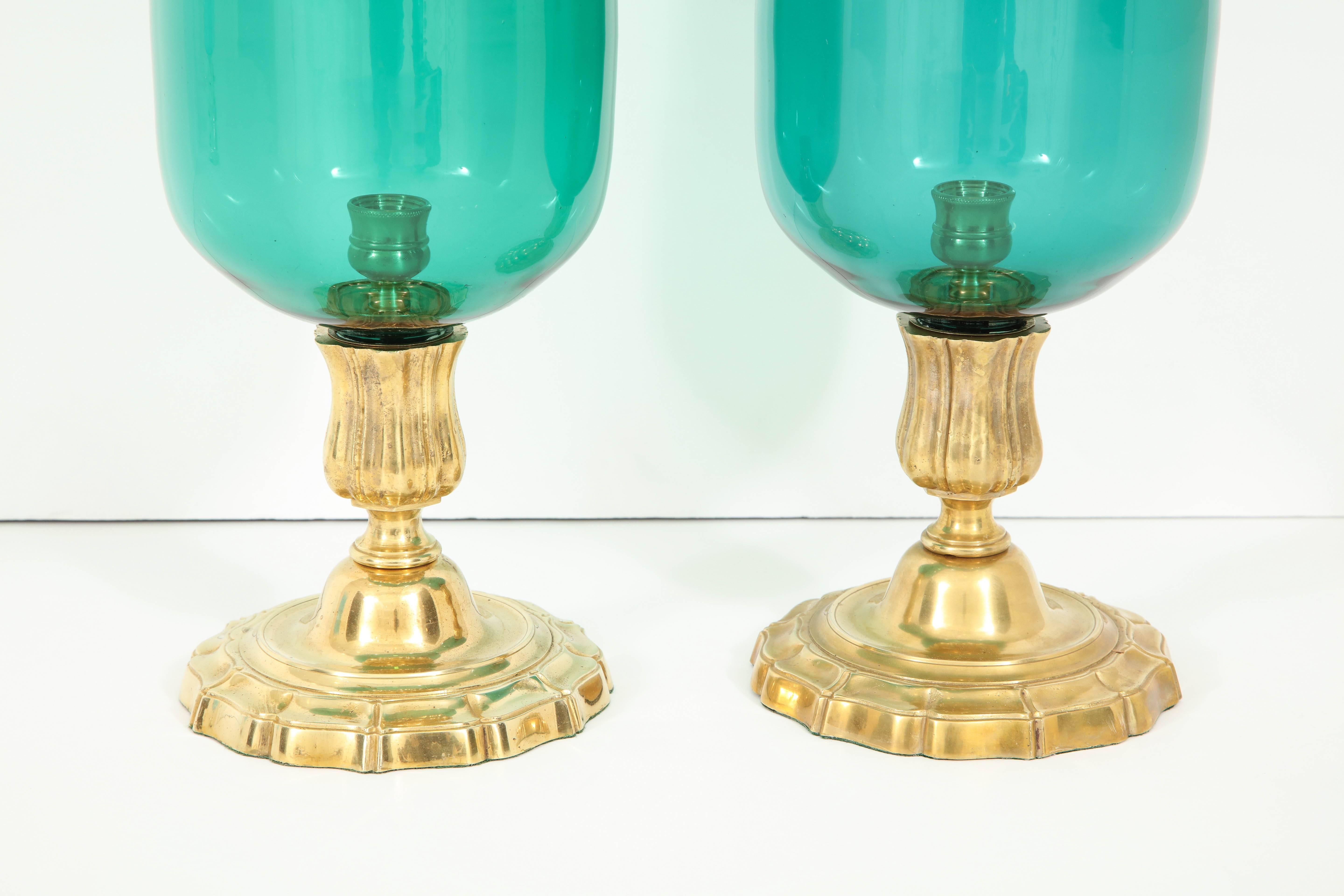 A Pair of  Glass and Gilt Bronze Hurricanes In Excellent Condition In New York, NY