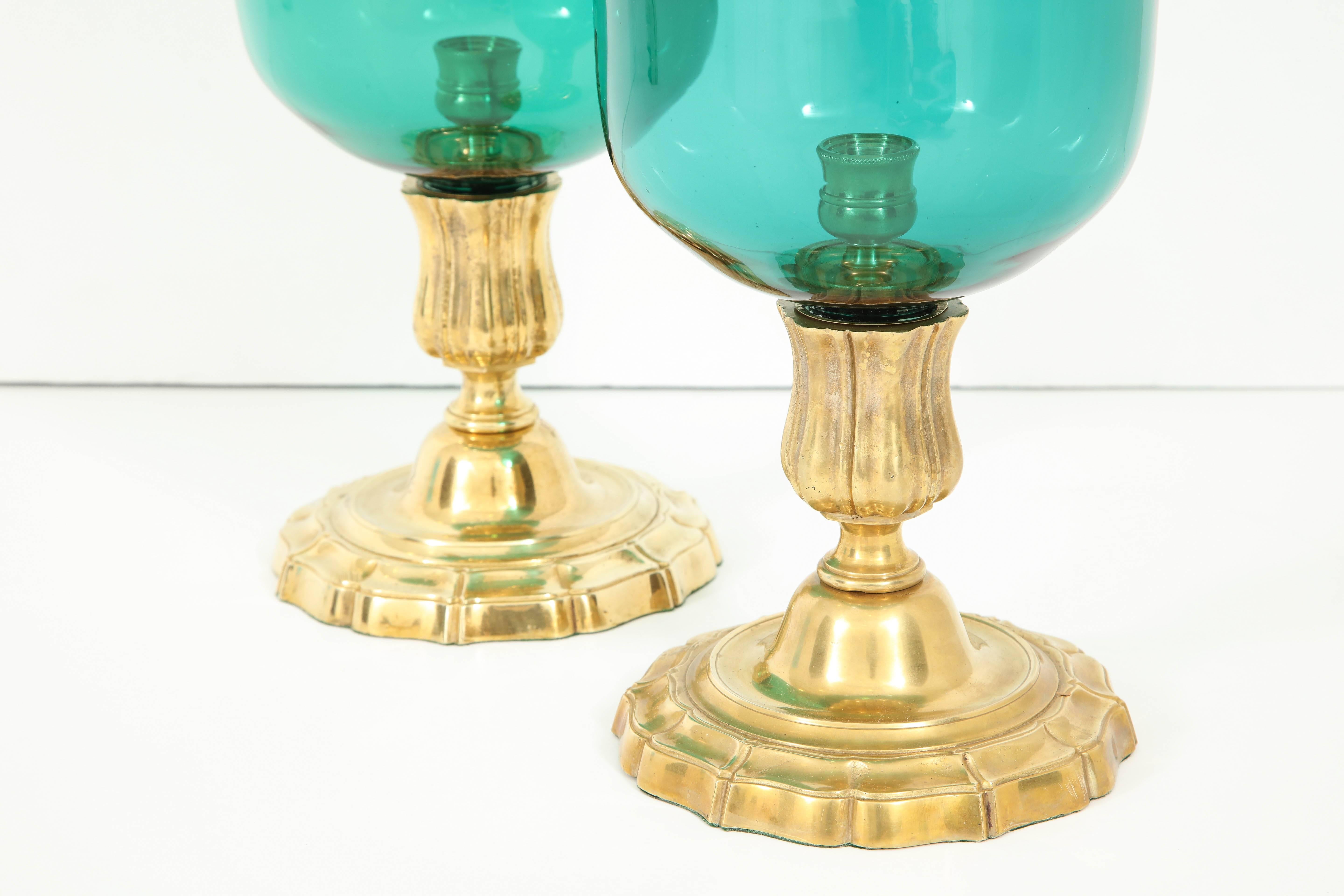20th Century A Pair of  Glass and Gilt Bronze Hurricanes