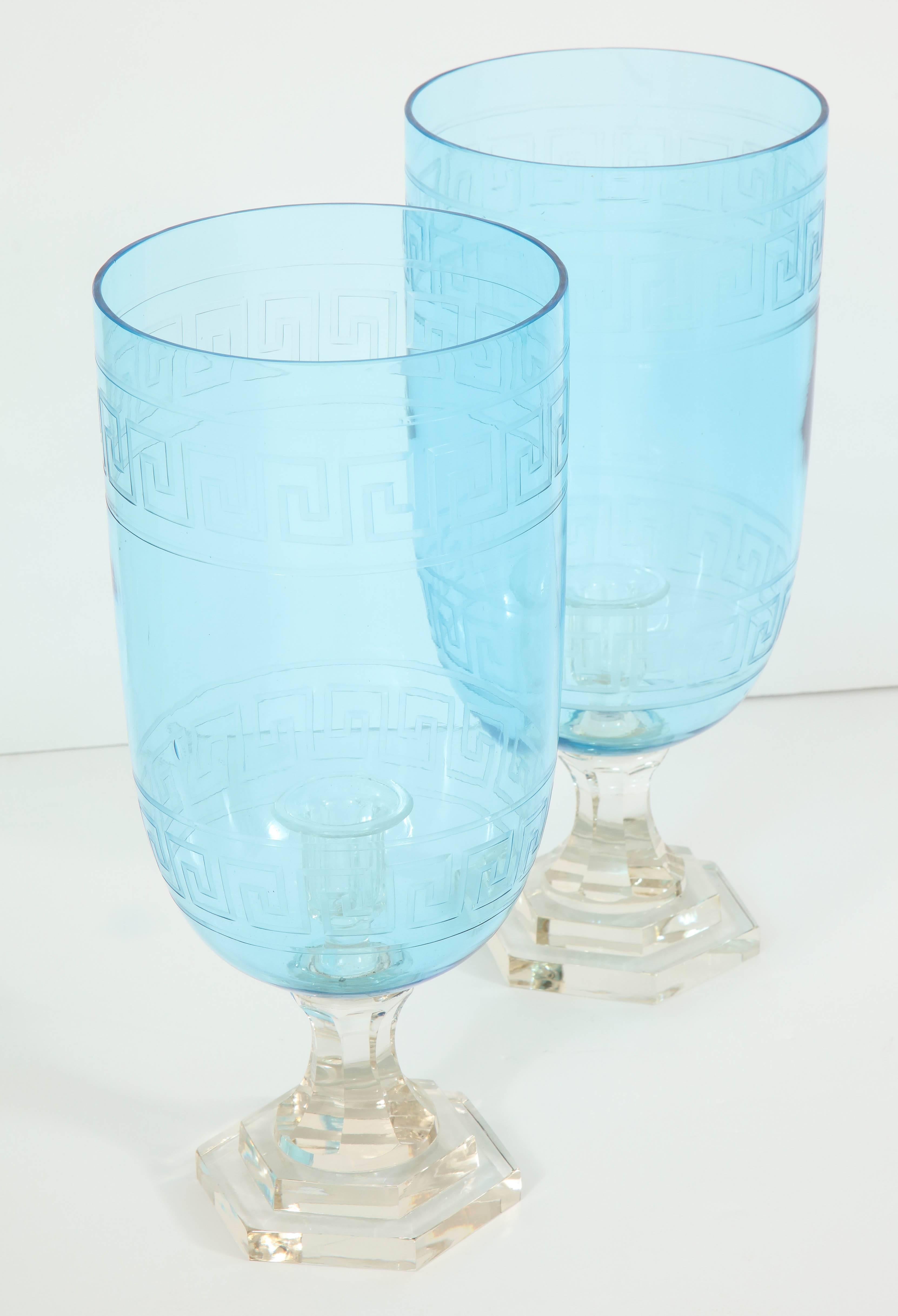 Pair of Blue Glass Hurricanes In Excellent Condition In New York, NY