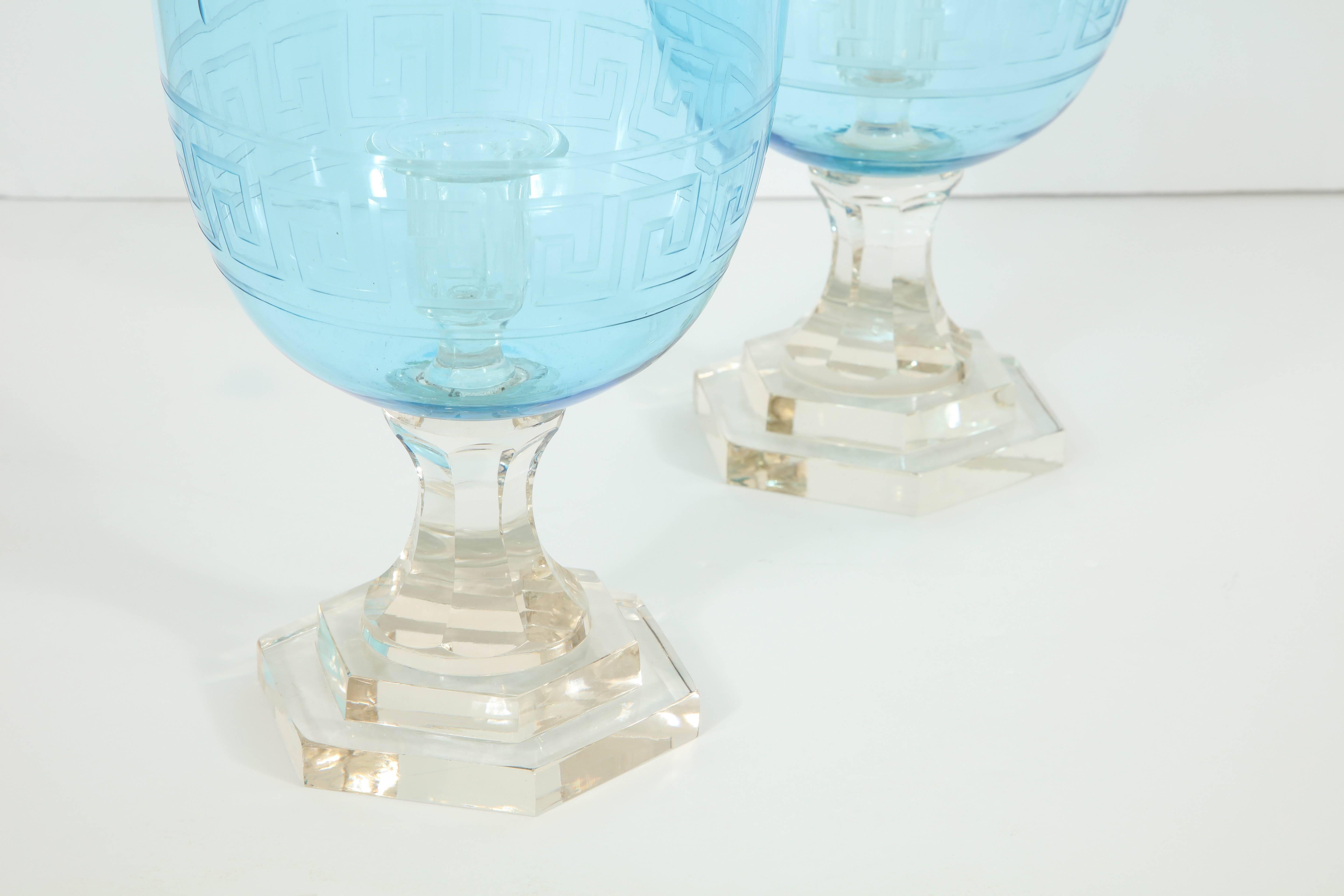 20th Century Pair of Blue Glass Hurricanes