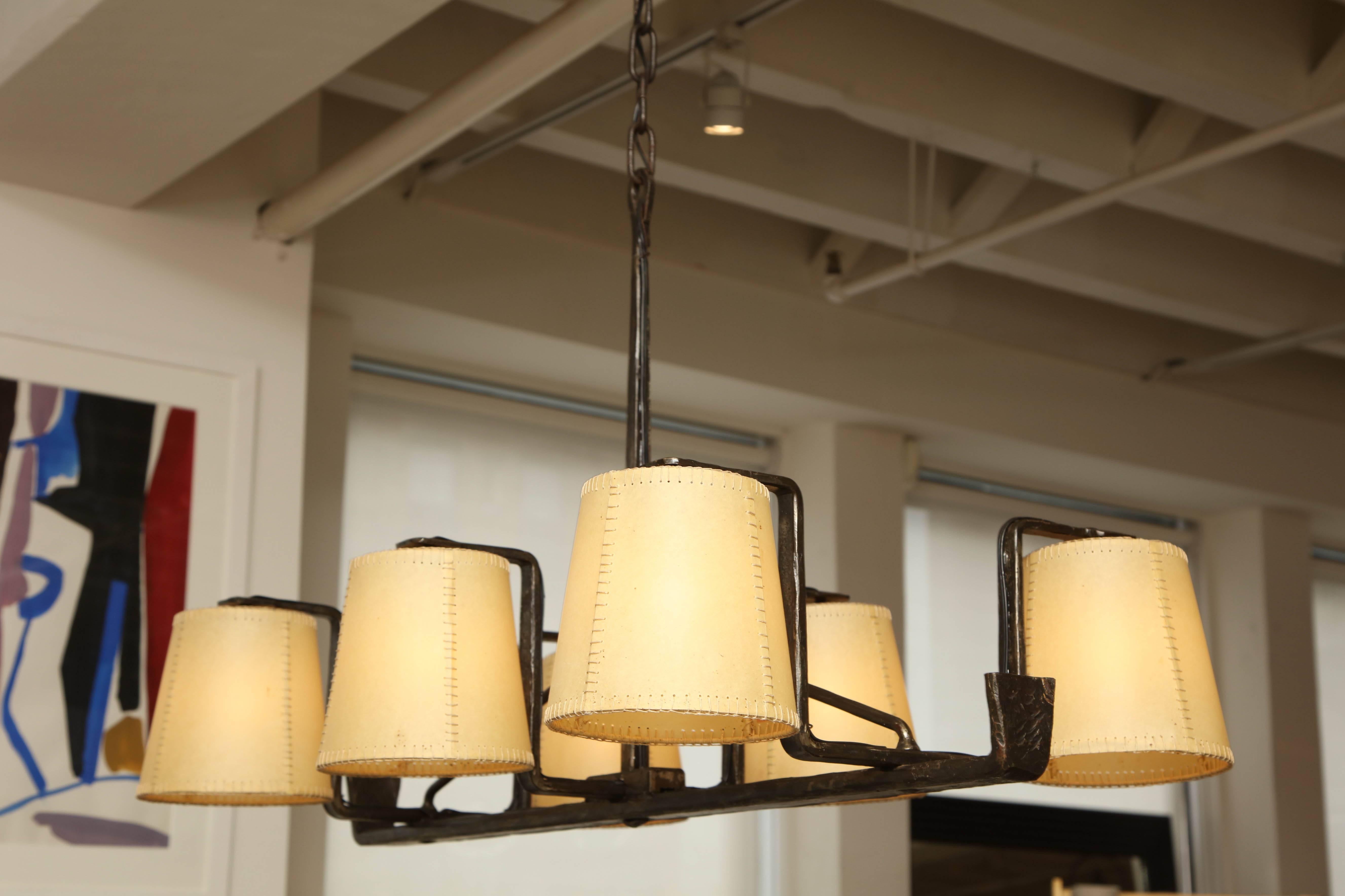 Rectangular Six-Arm Iron Chandelier with Parchment Shades, Spain, circa 1970s For Sale 3