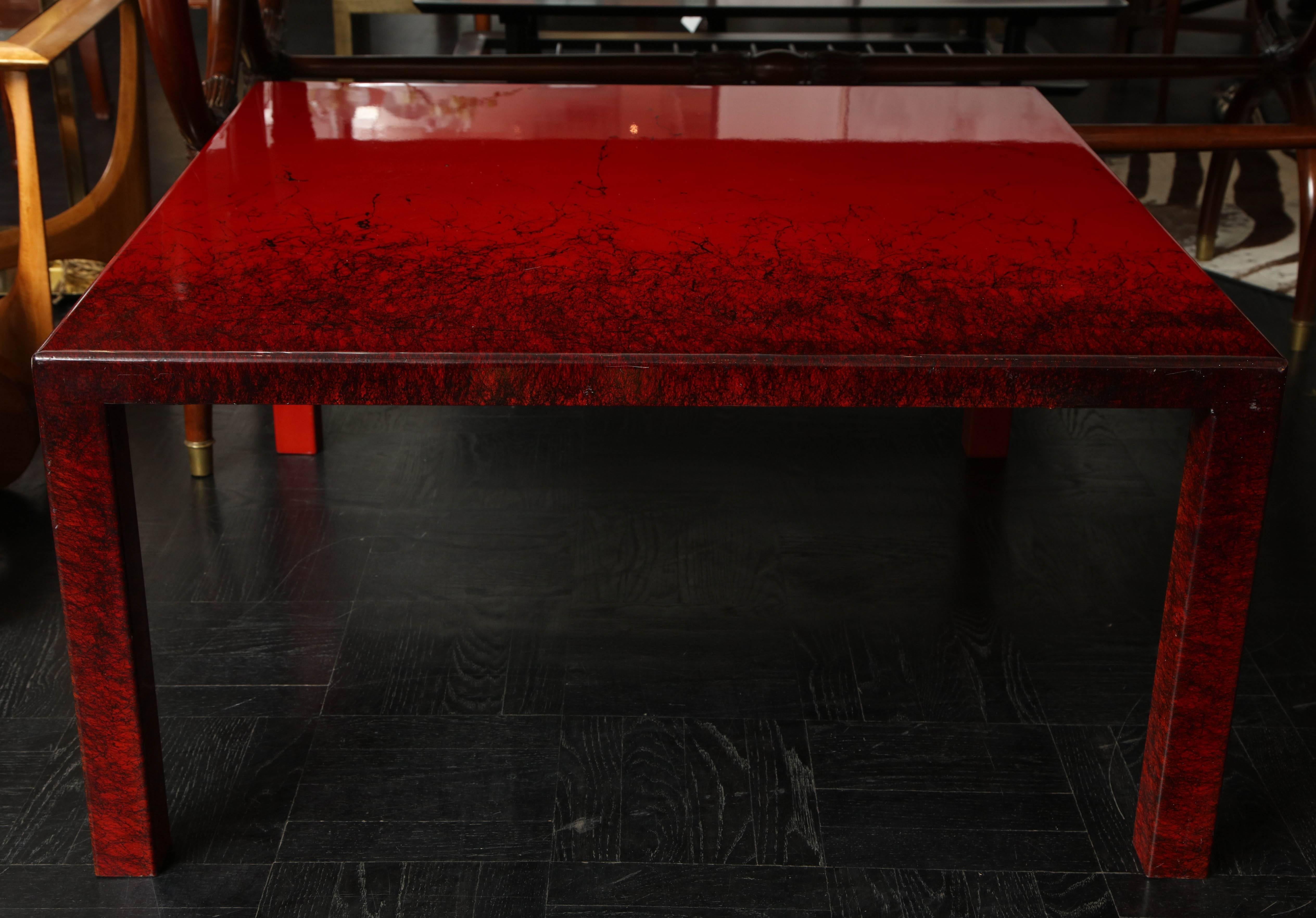 Contemporary Red Laquered Coffee Table, Square Leg In Excellent Condition For Sale In New York, NY