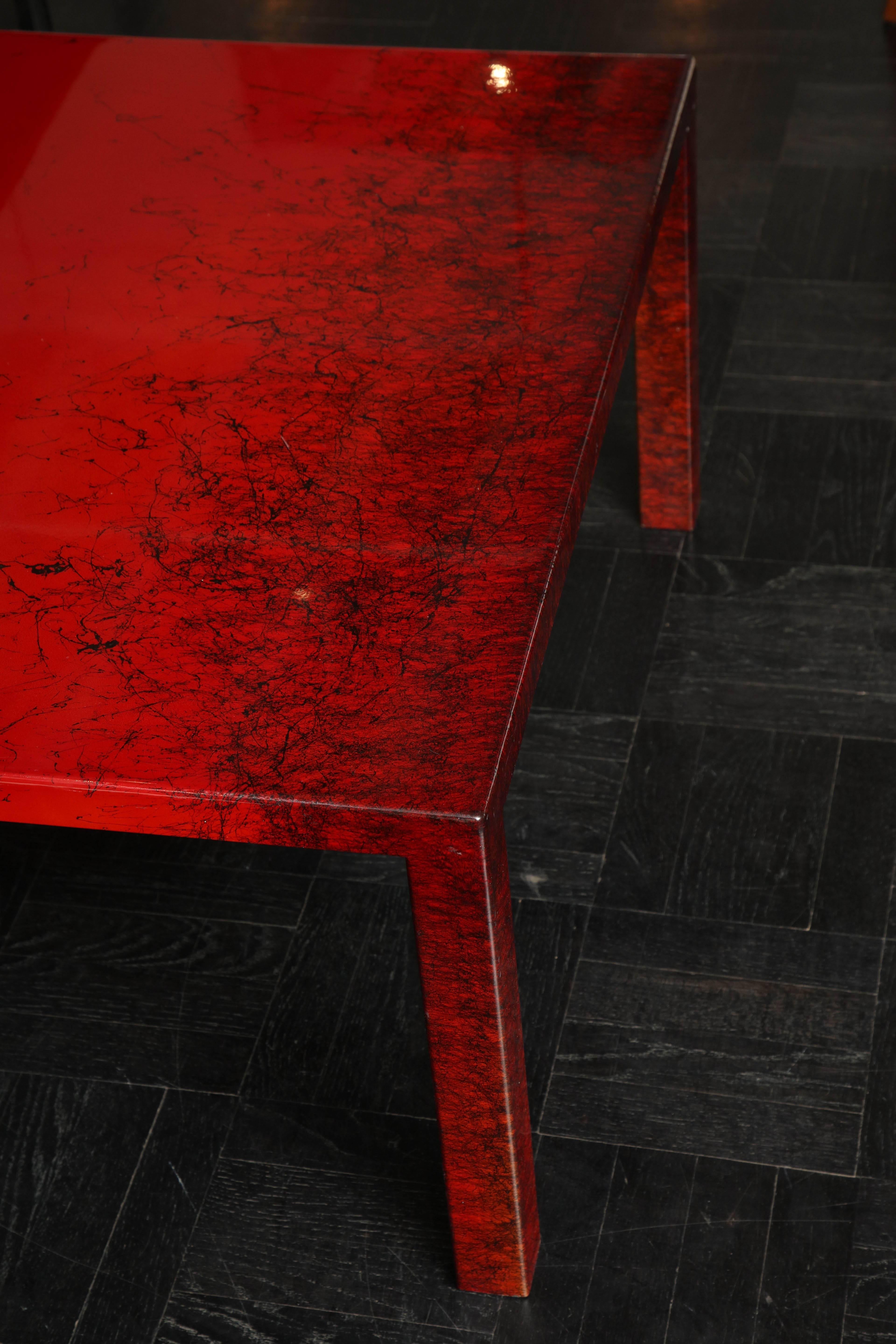Contemporary Red Laquered Coffee Table, Square Leg For Sale 1