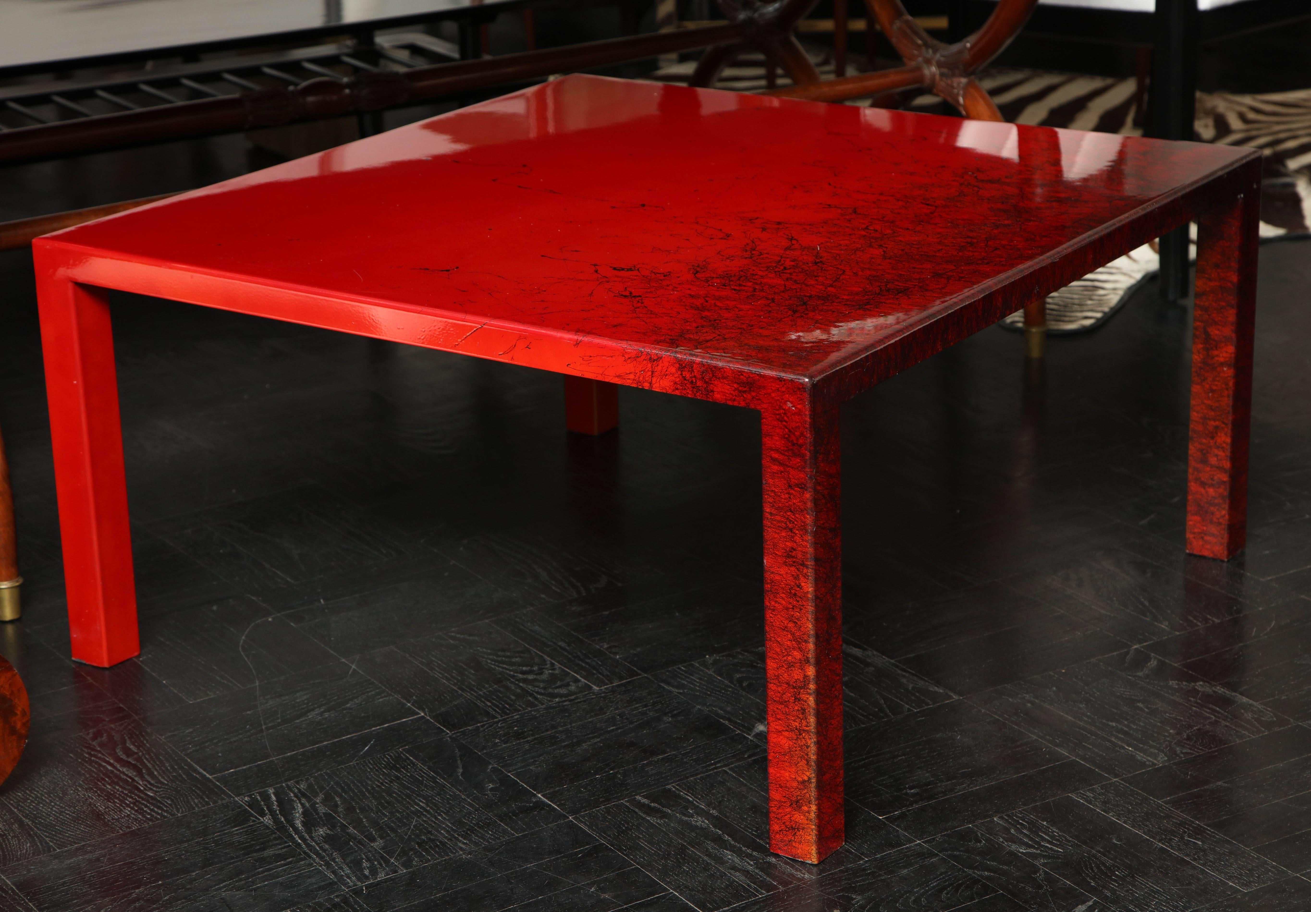Contemporary Red Laquered Coffee Table, Square Leg For Sale 2