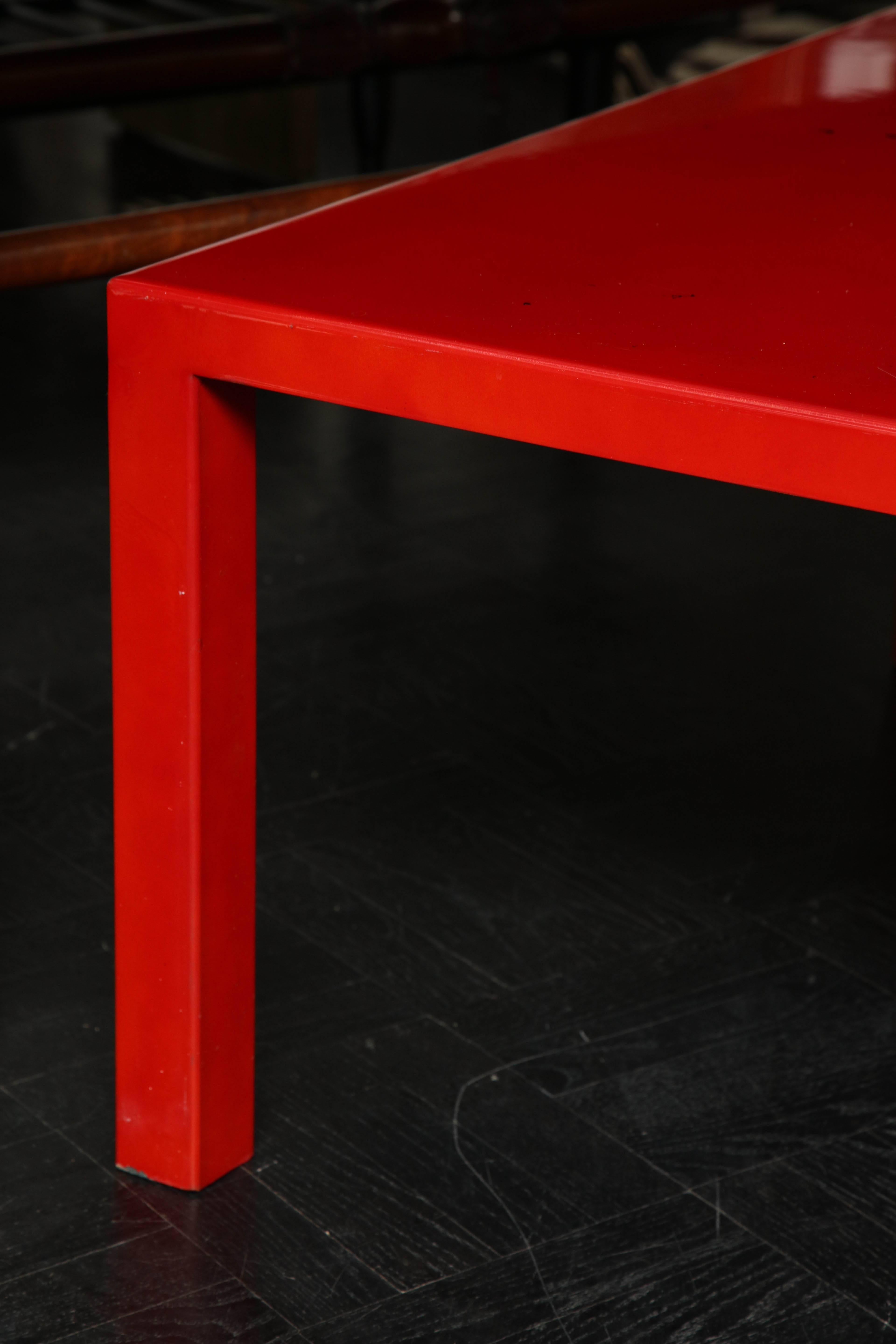 Contemporary Red Laquered Coffee Table, Square Leg For Sale 3