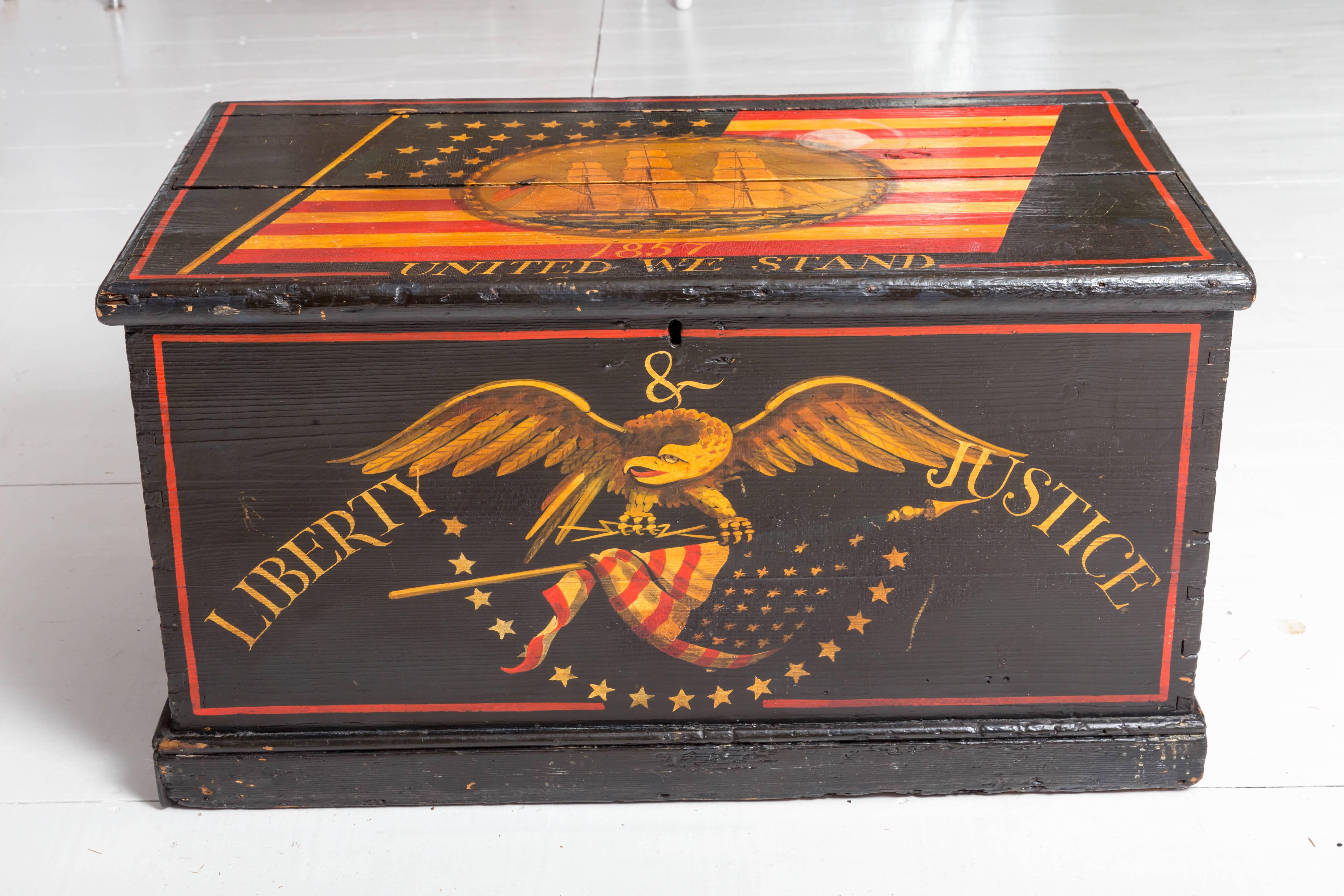Antique paint decorated sea chest. 'United we stand-Liberty & Justice' 1857. Hinged top.
