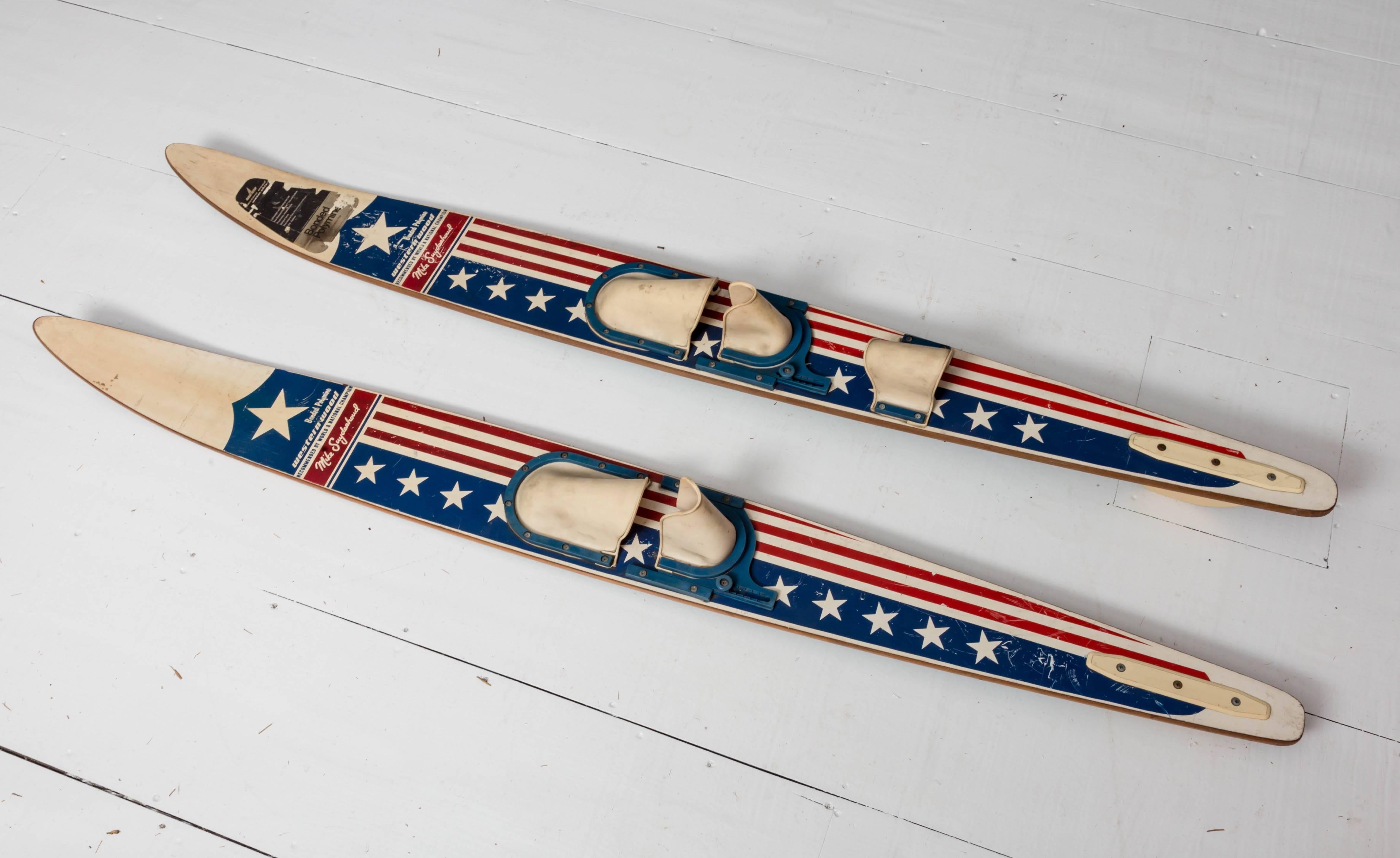 Combination pair of vintage 1970s water skis. Special 'Mike Suyderhoud' edition skis, from his world and national champion reign.

Vintage Americana at it's best!!!