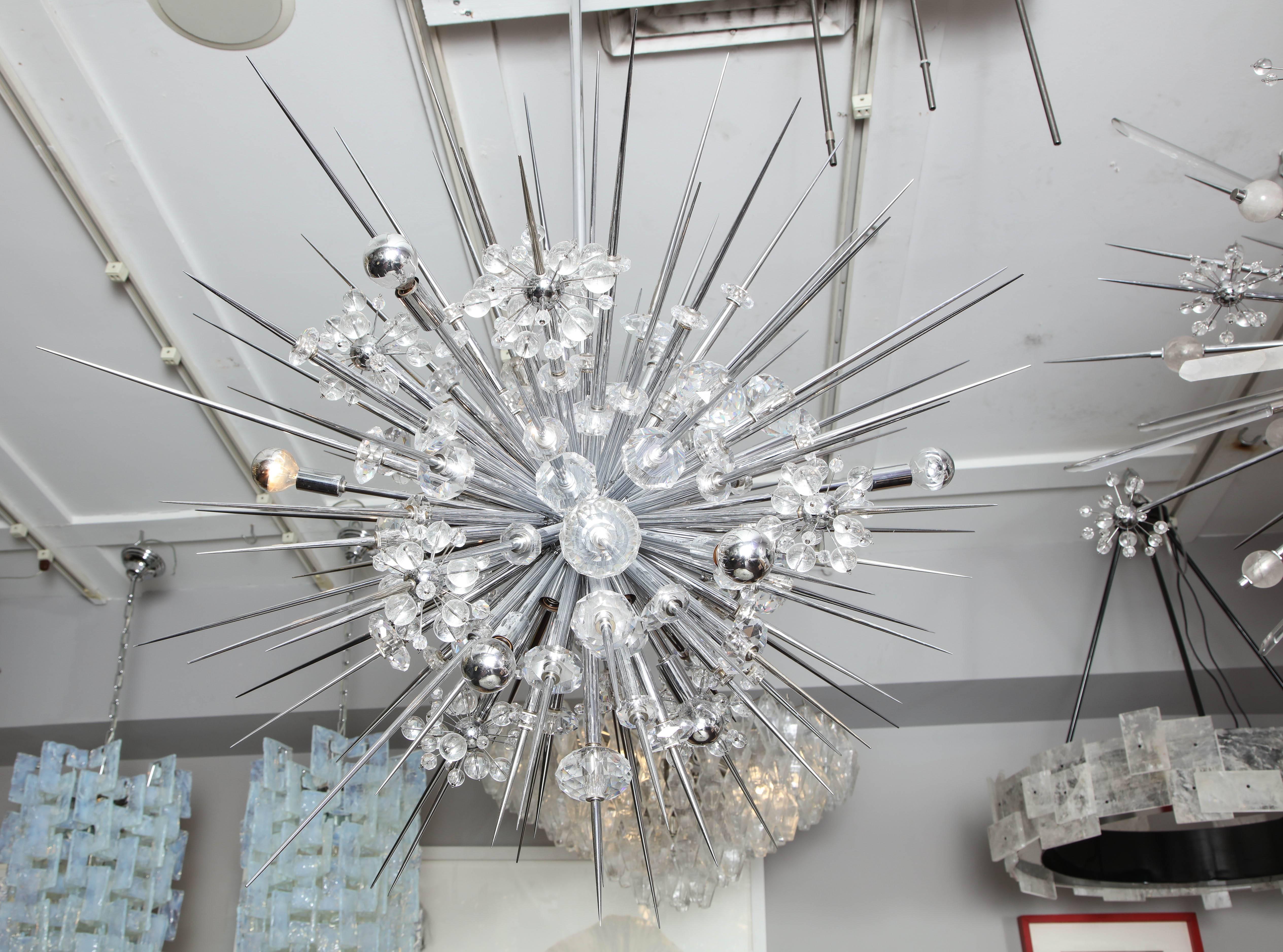 Glamorous custom Austrian crystal and polished nickel spiked Sputnik chandelier.