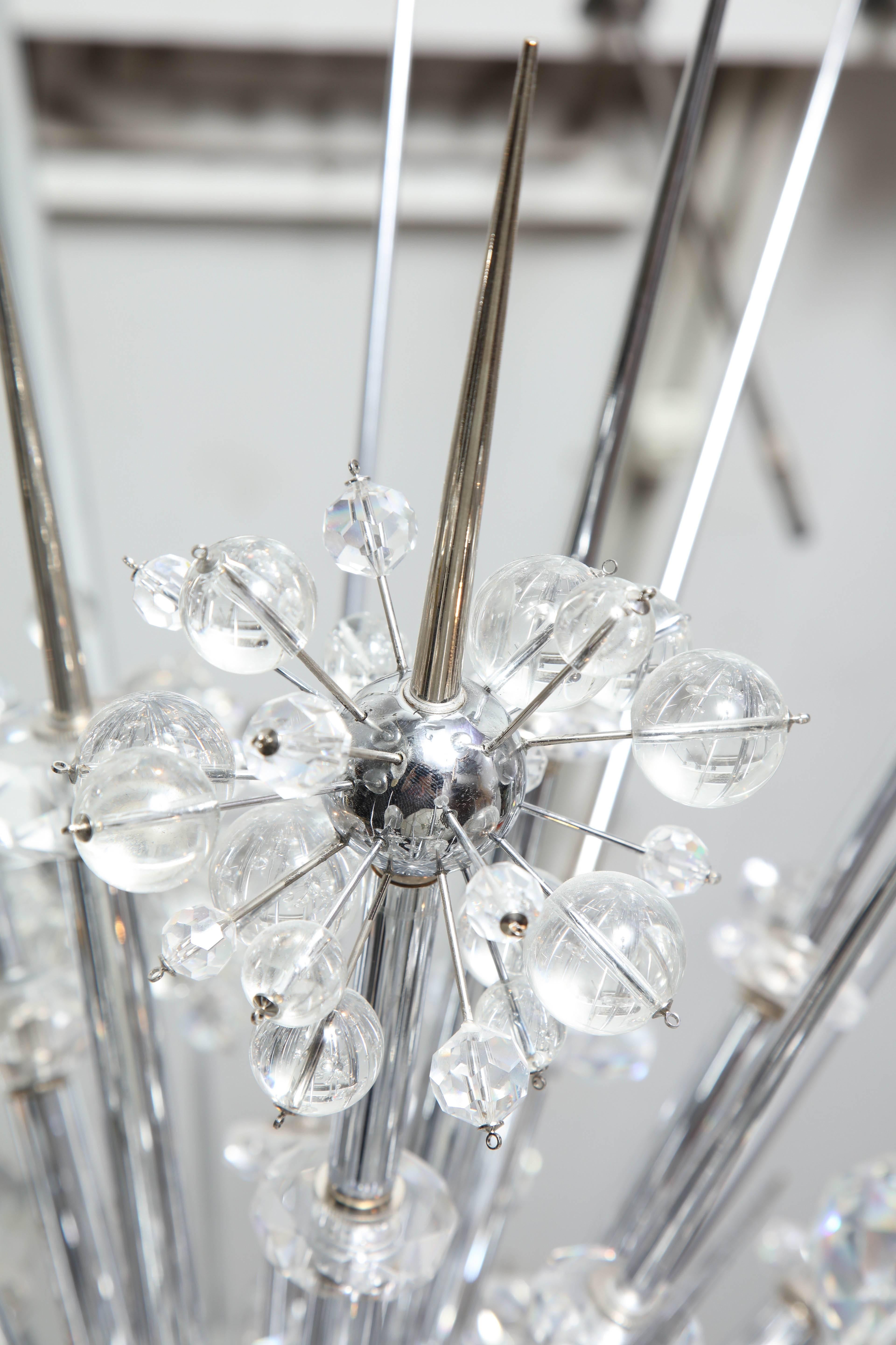 Mid-Century Modern Glamorous Custom Austrian Crystal and Polished Nickel Spiked Sputnik Chandelier For Sale