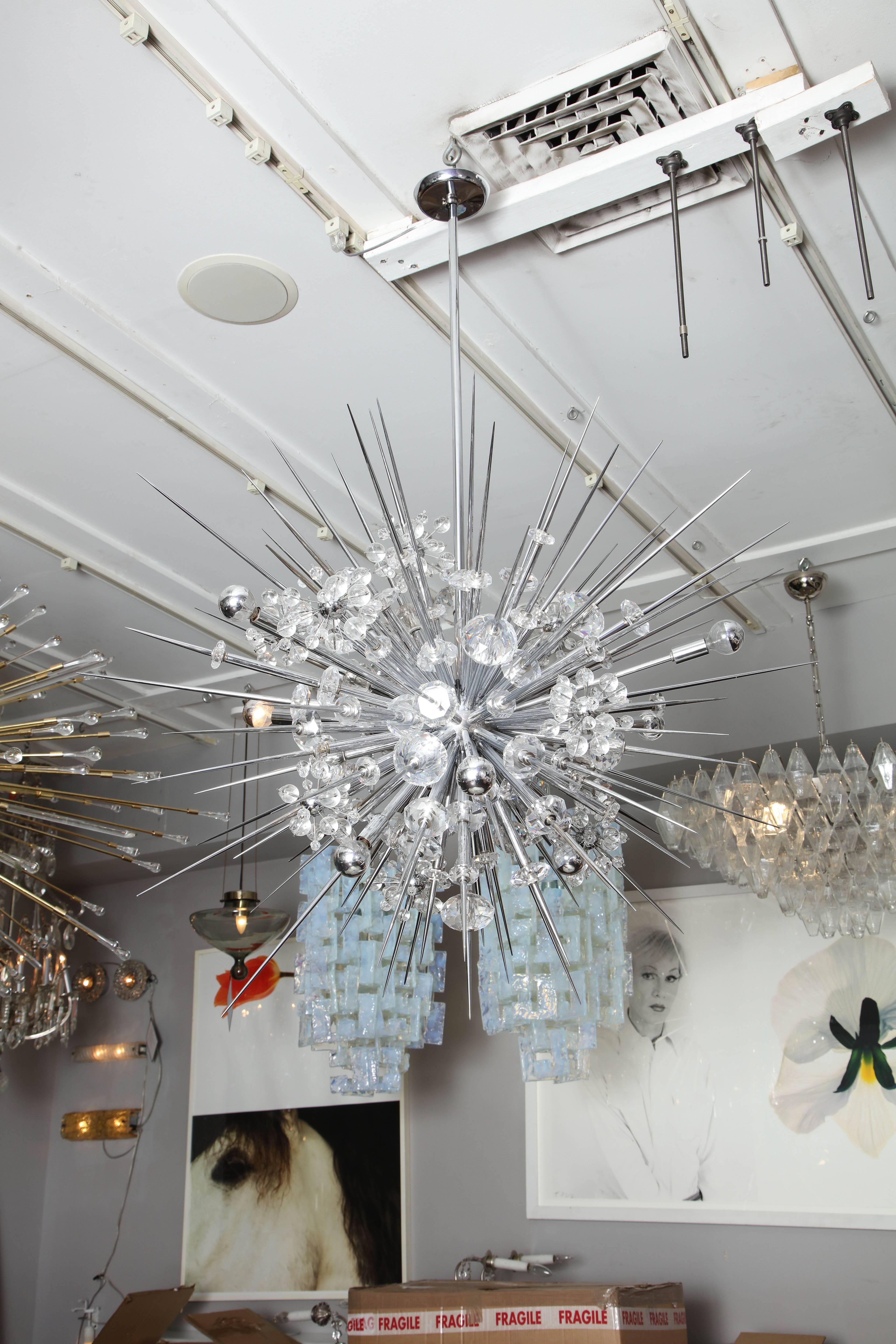 Glamorous Custom Austrian Crystal and Polished Nickel Spiked Sputnik Chandelier In Excellent Condition For Sale In New York, NY