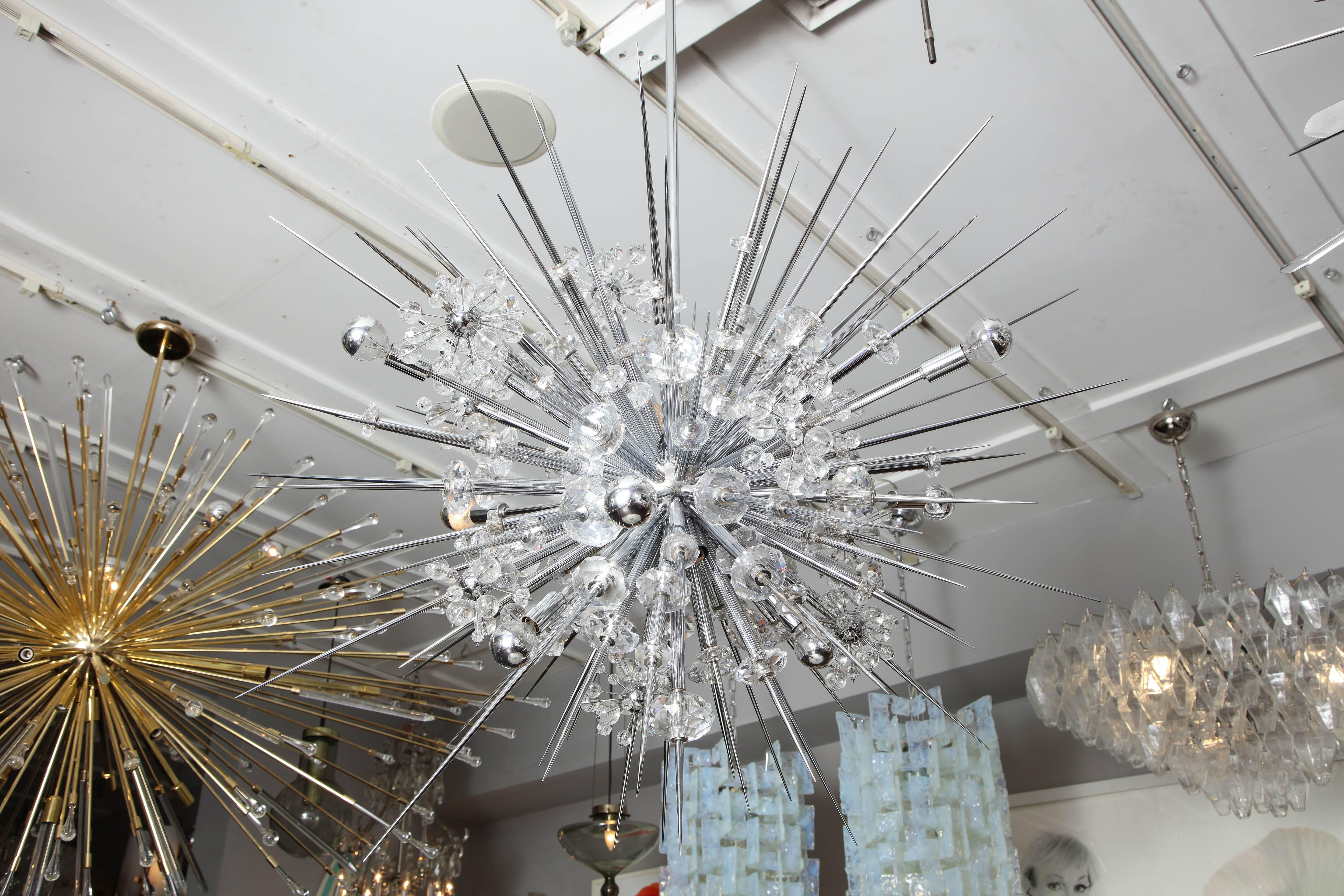 Glamorous Custom Austrian Crystal and Polished Nickel Spiked Sputnik Chandelier For Sale 1