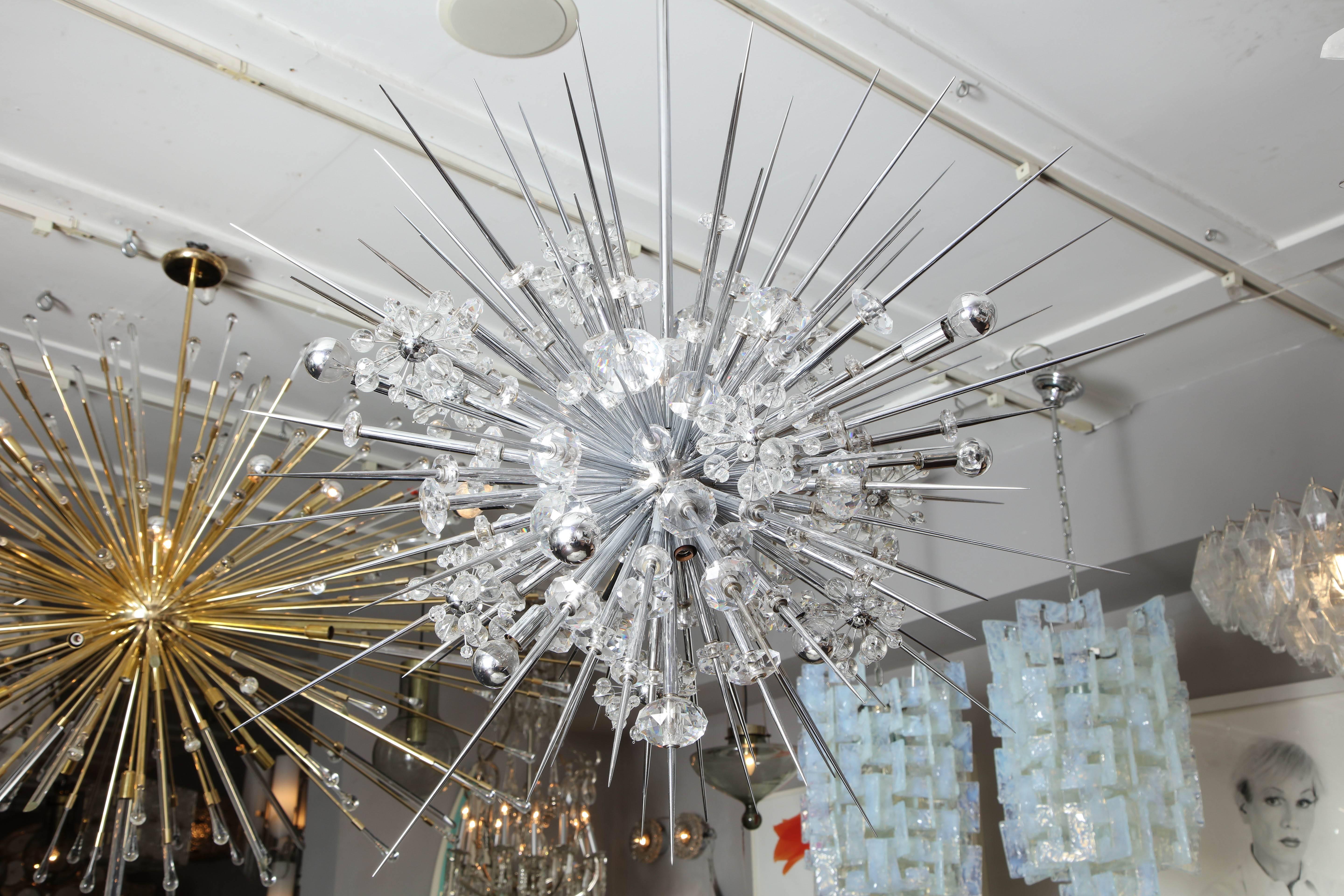 Glamorous Custom Austrian Crystal and Polished Nickel Spiked Sputnik Chandelier For Sale 2