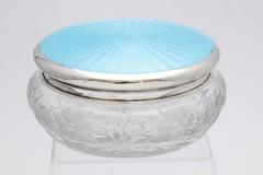 Large Art Deco Sterling Silver-Mounted Light Blue Guilloche Enamel Powder Jar