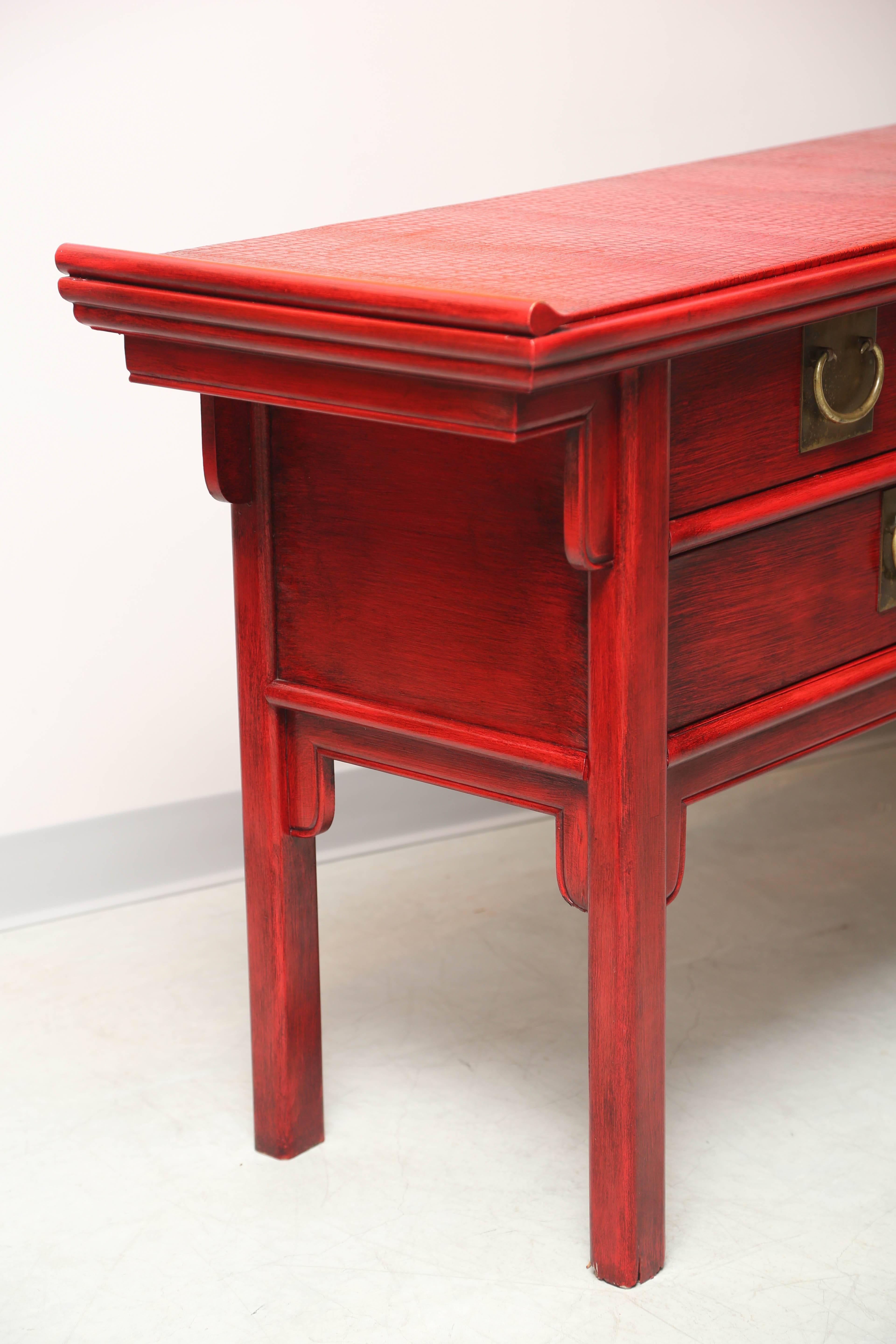 North American SALE!  SALE !SALE!  RED CONSOLE WITH FAUX SKIN oriental style  midcentury origin For Sale