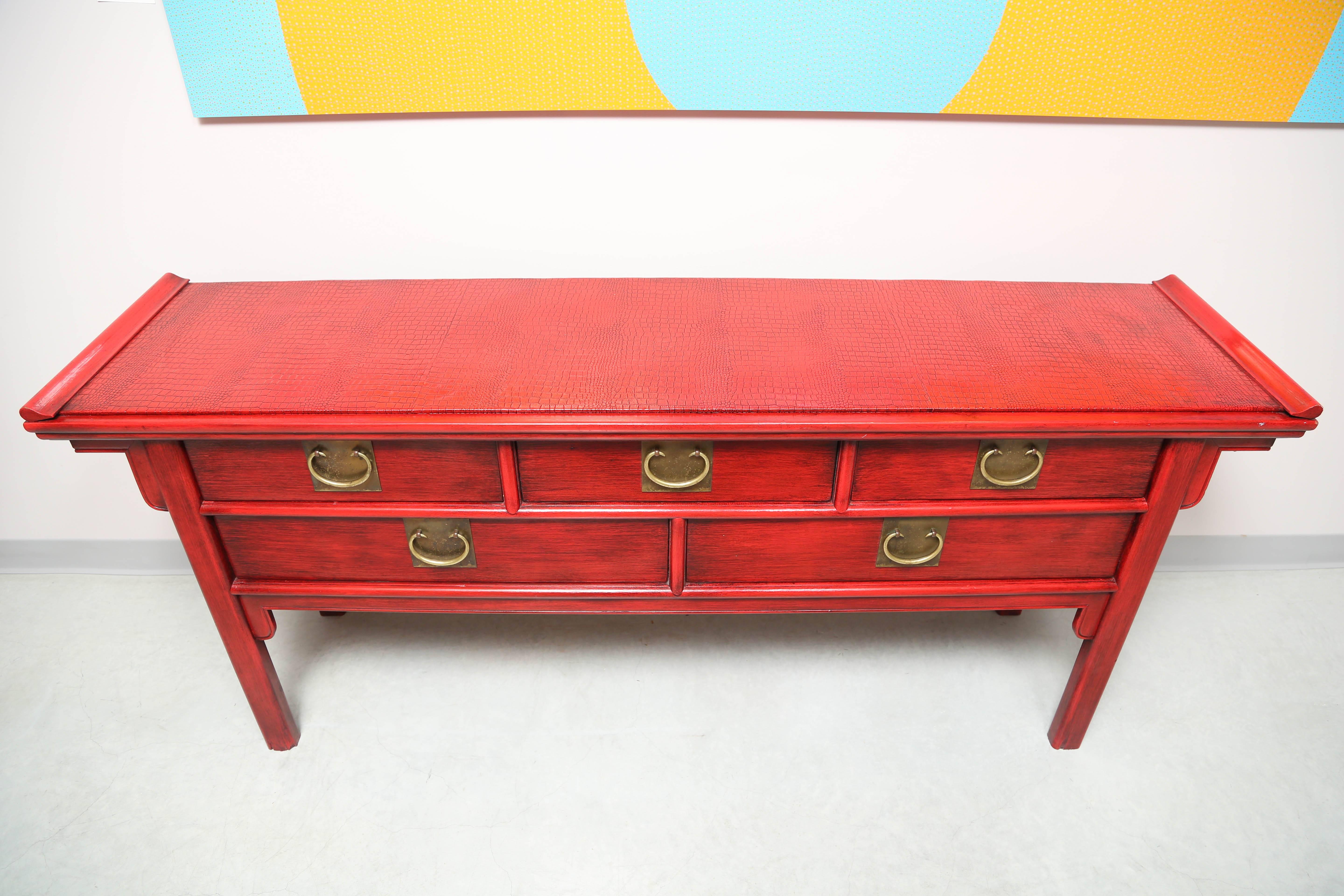 SALE!  SALE !SALE!  RED CONSOLE WITH FAUX SKIN oriental style  midcentury origin For Sale 3
