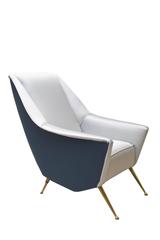 Pair of ISA Brass and Grey and Blue Silky Cotton Upholstery Armchairs, 1950s