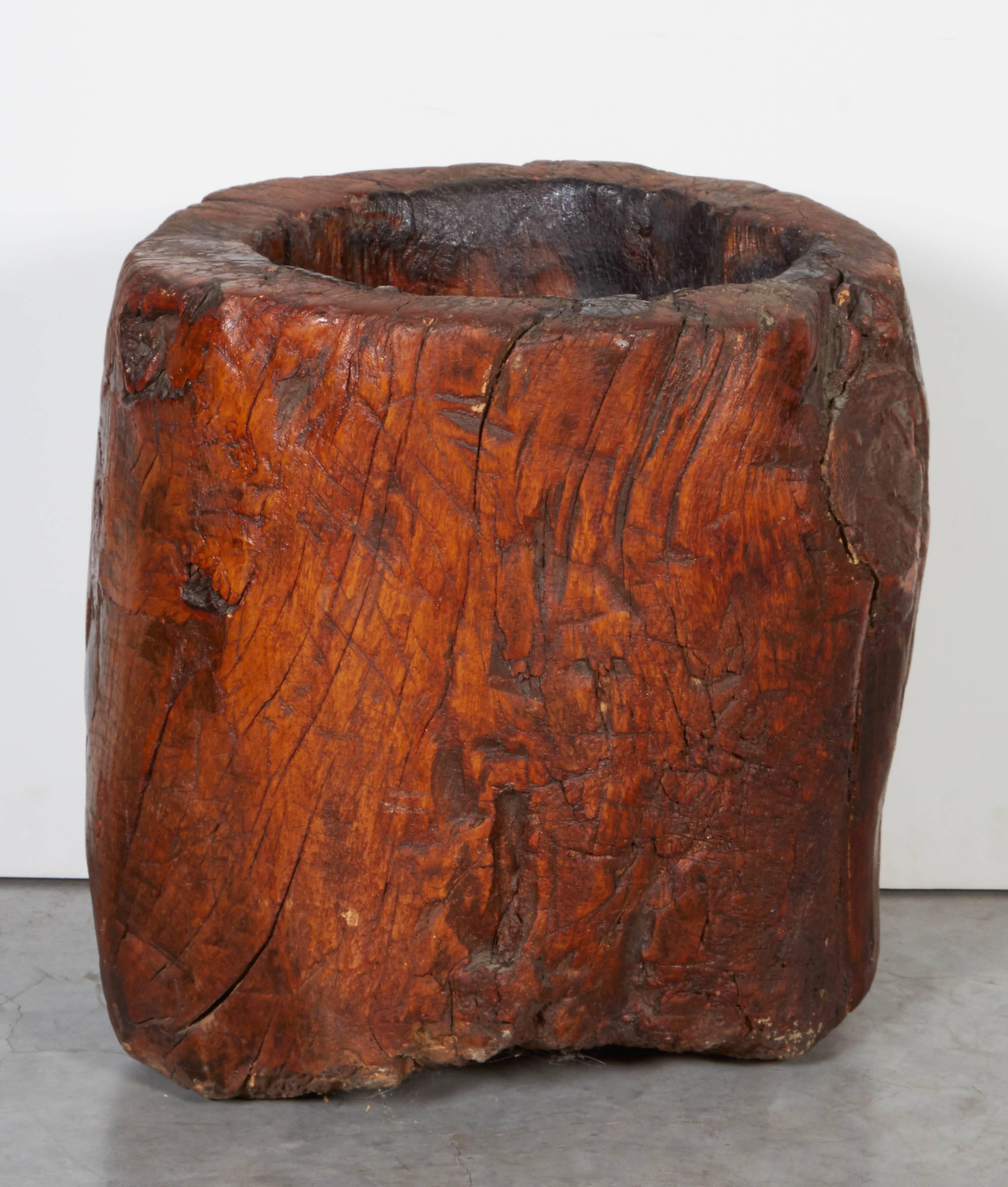 Chinese Unusually Large, Thick Walled Antique Burl Wood Mortar For Sale