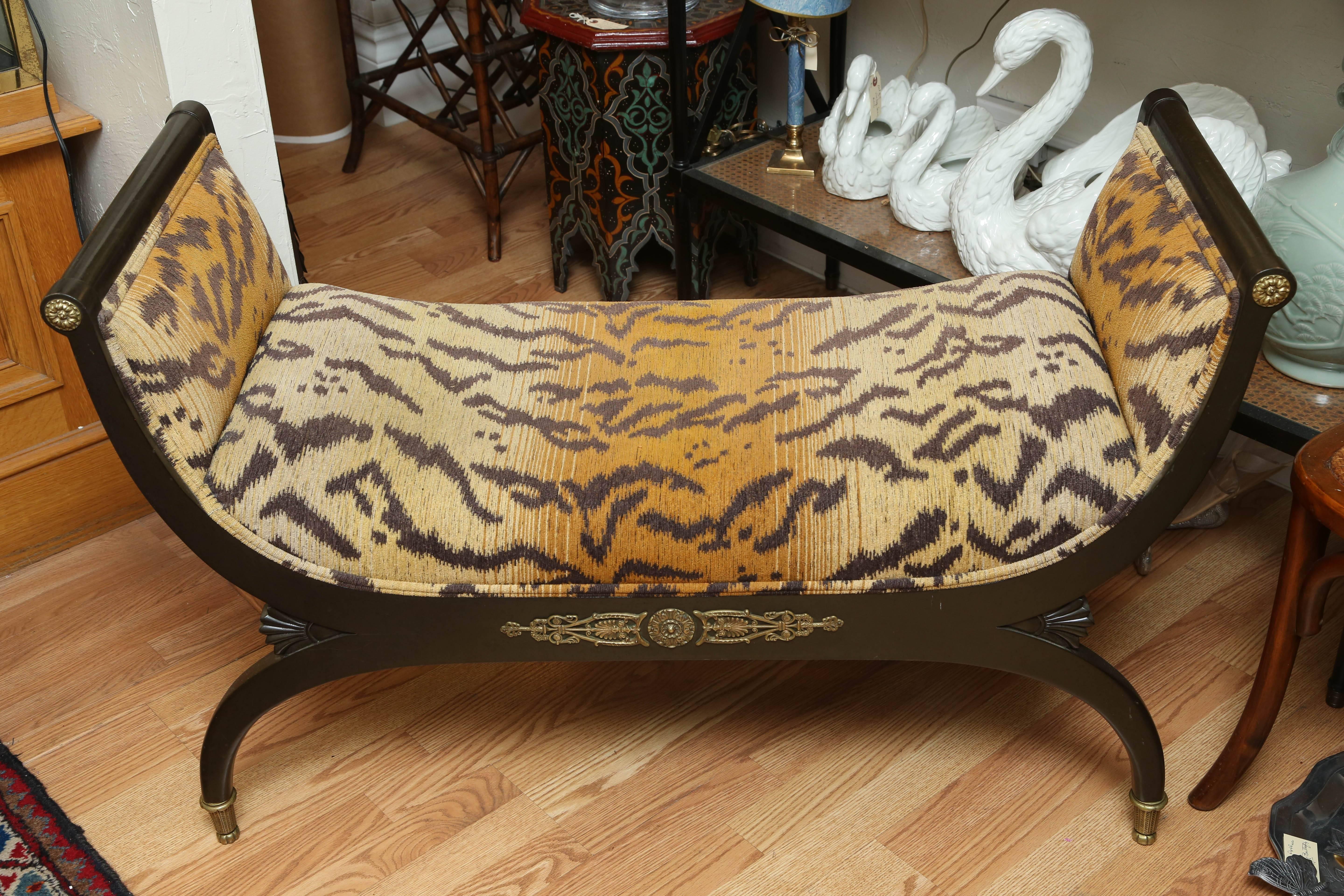 Neoclassical bench with tiger velvet fabric by John Widdicomb.