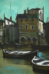 20th Century Oil Painting of European Waterfront Village on Canvas