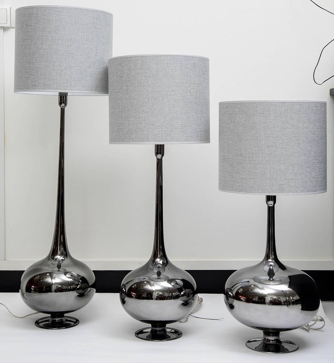 French Set of Table Lamps in Glass, Silvered Titanium Patina