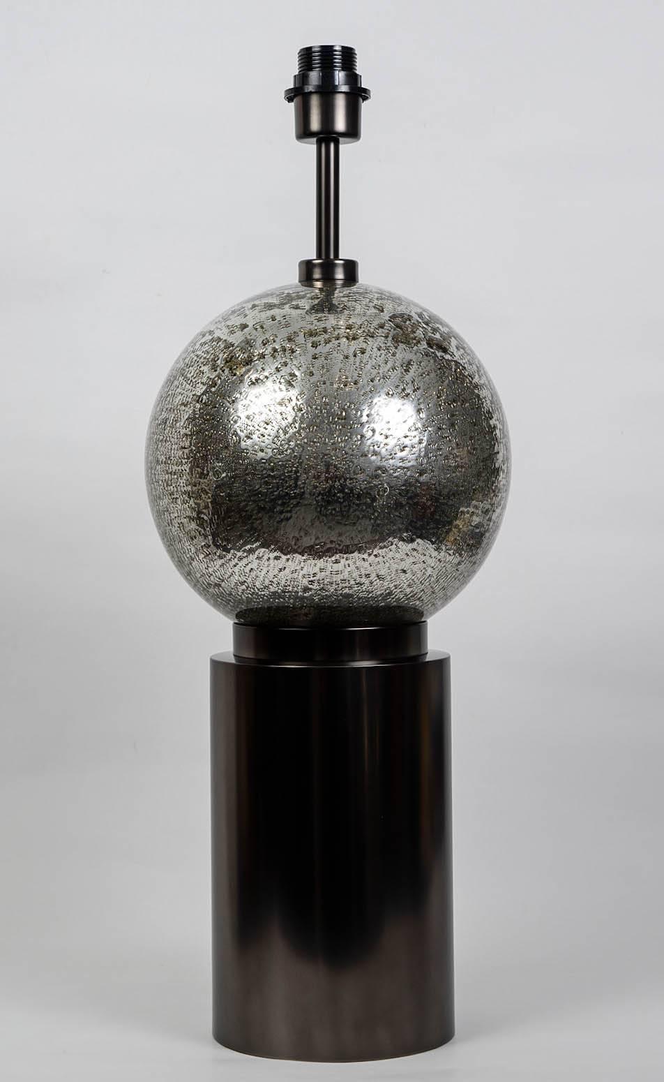 Bubbled Glass Table Lamp ( X 2 pieces), base in Brass, dark patina.
