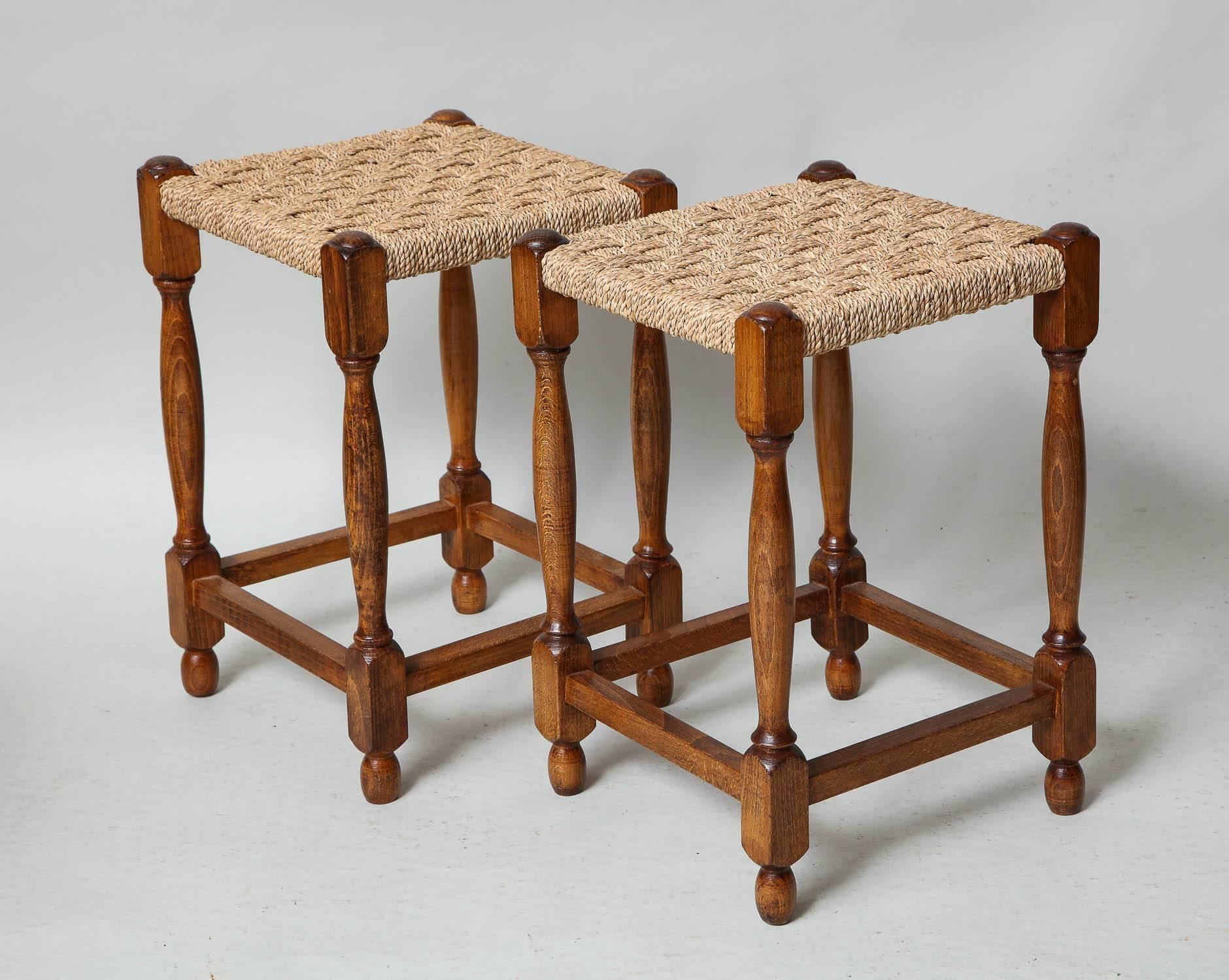 Here we have a collection of English early 20th century rope stools including one pair (tall ones stacked on top of one another) an unusually long example, one with splayed legs and - uncommonly - no stretcher, one with turned legs and stretchers