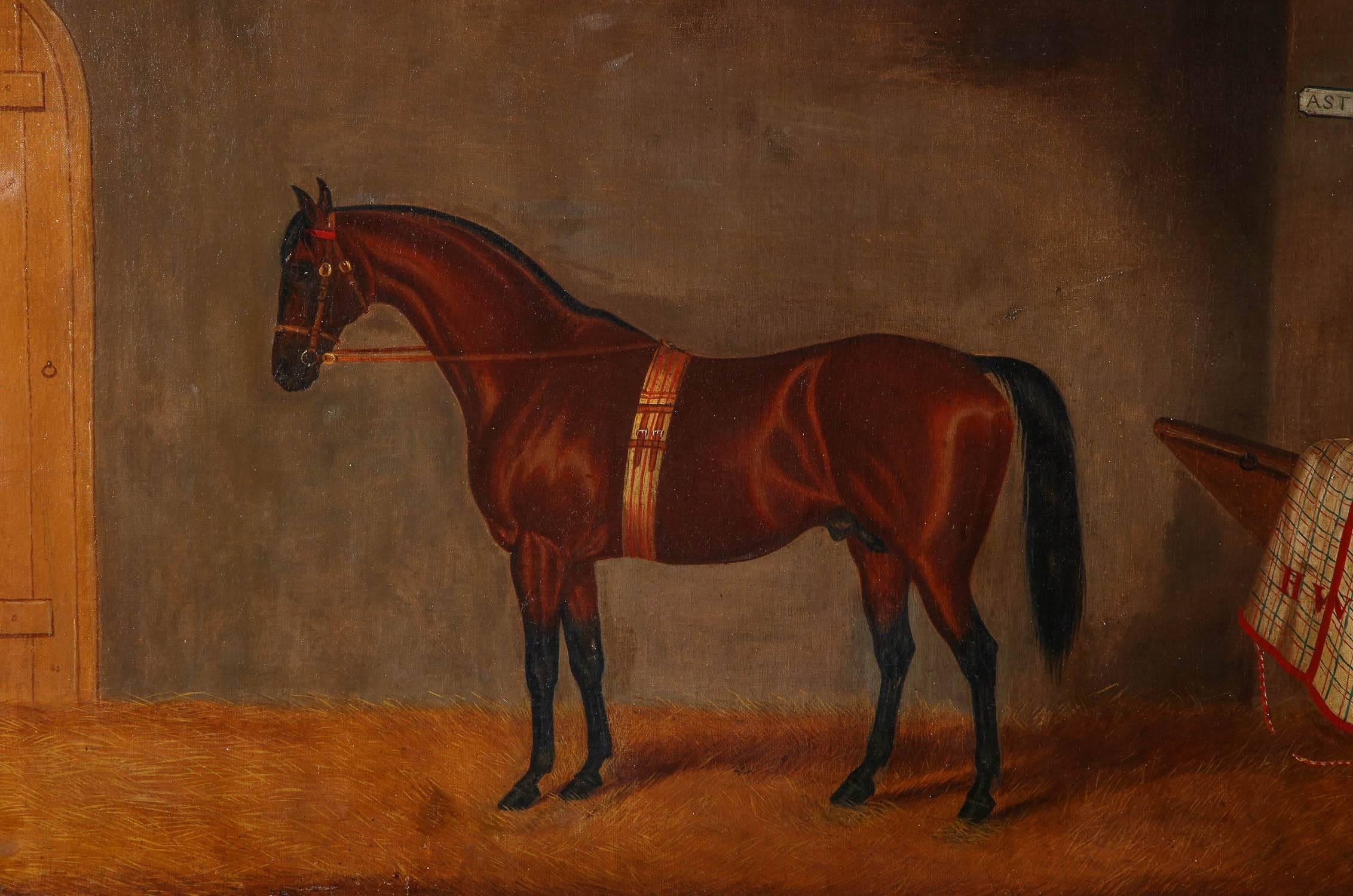 A fine English, 19th century oil painting of Asteroid, the beloved pet and favorite hunter of an English Gentleman, depicted in his stabile with his blankets hanging on his hay rail.