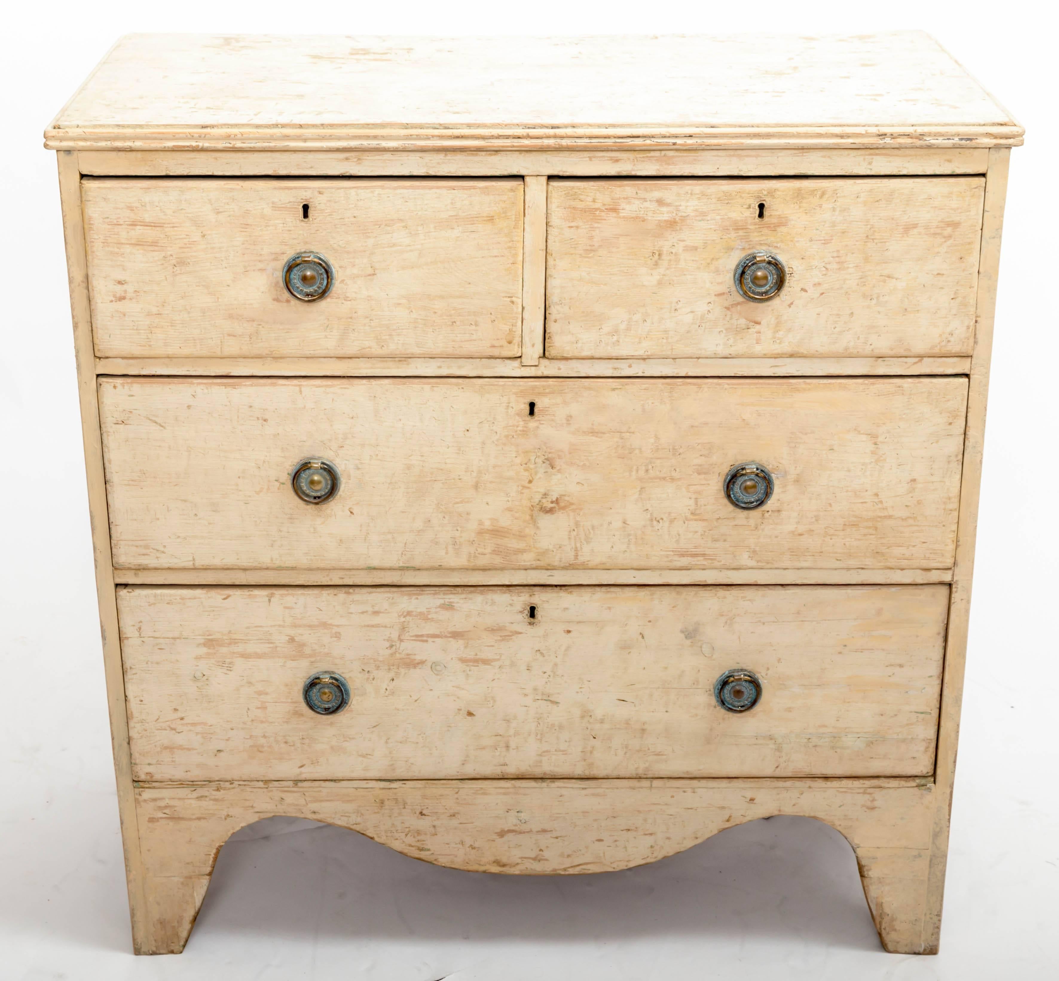 Painted chest of drawers, original cream paint, four drawers (two short, over two long, ring pull handles, reeded molded edge, shaped apron.