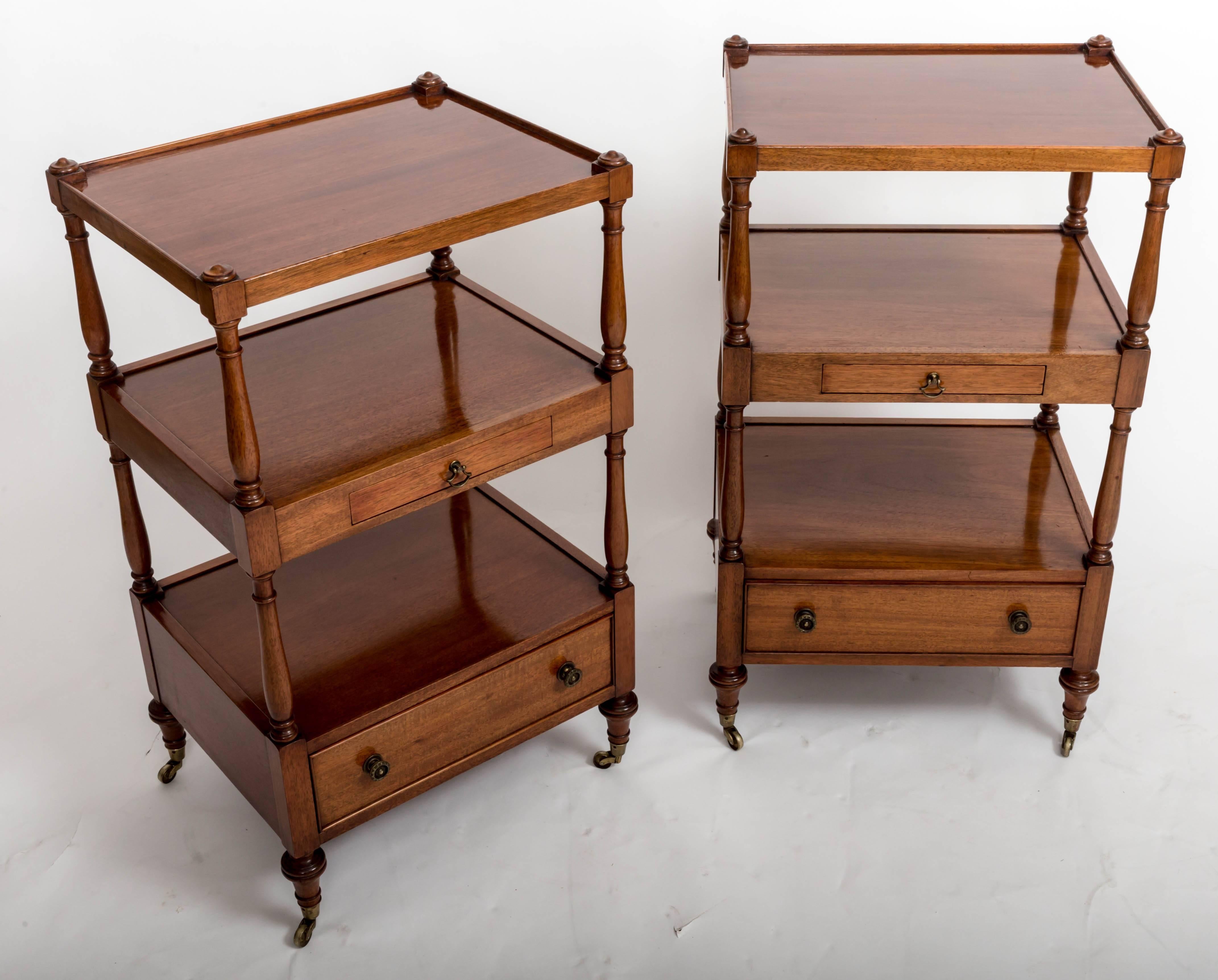 Very unique bedside etageres with two drawers in each, bottom drawers 3.5