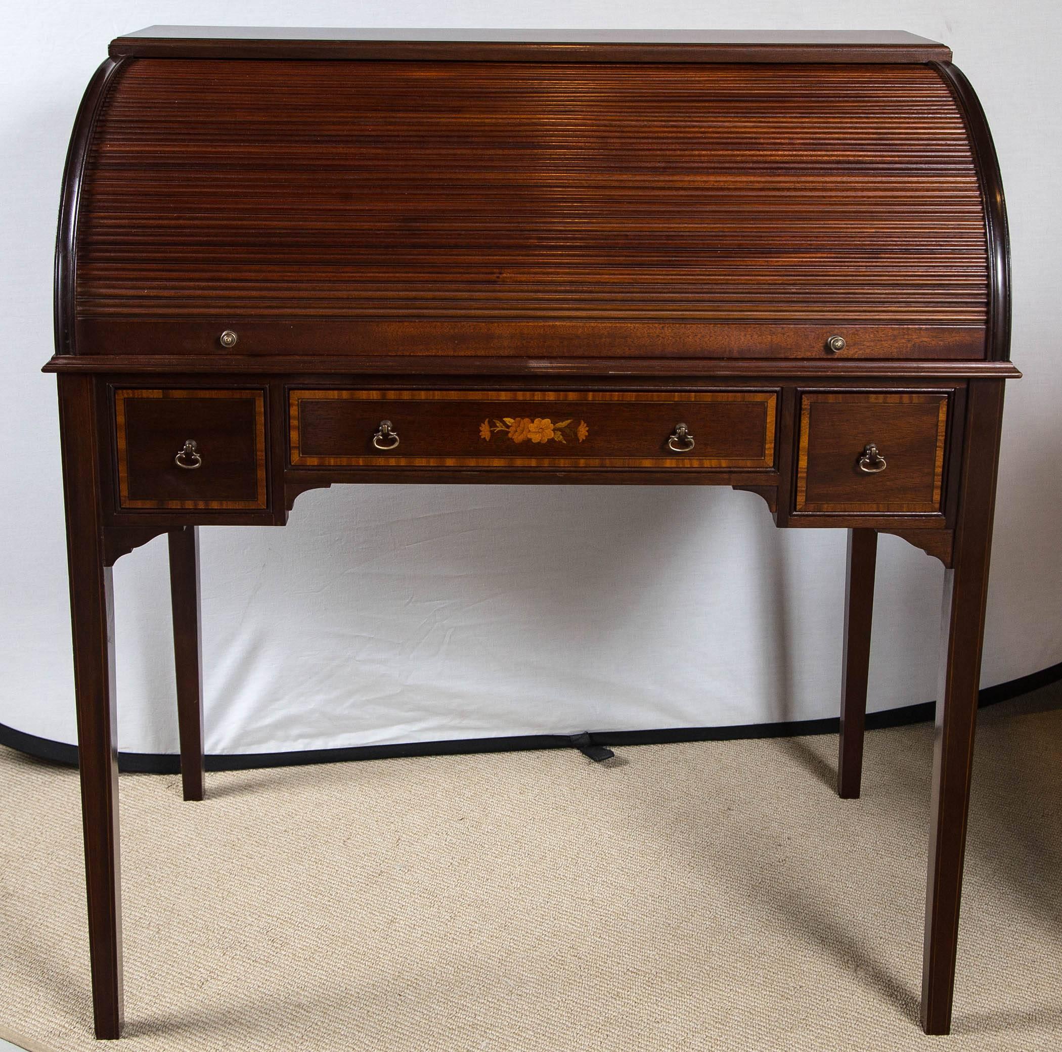 English mahogany cylinder desk with inlay and pull-out tooled leather writing surface, circa 1900