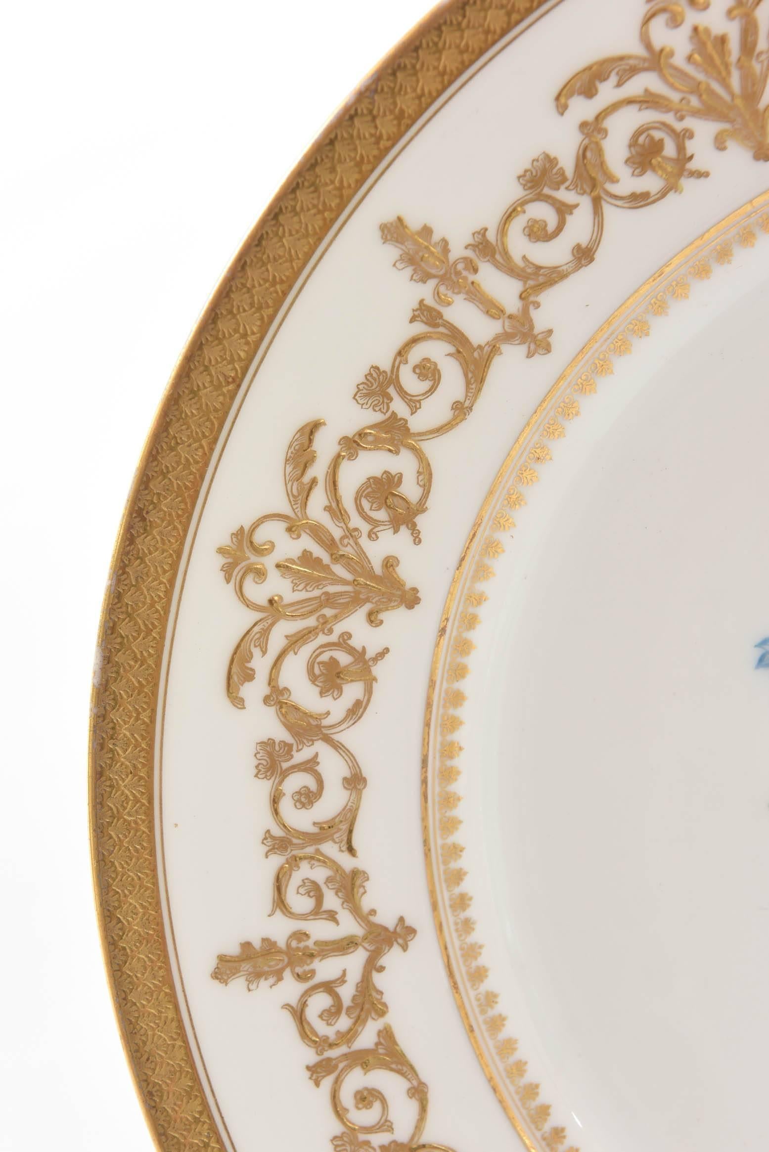 French Antique Limoges Floral Plates, Raised Gilt Accents, Set of Six