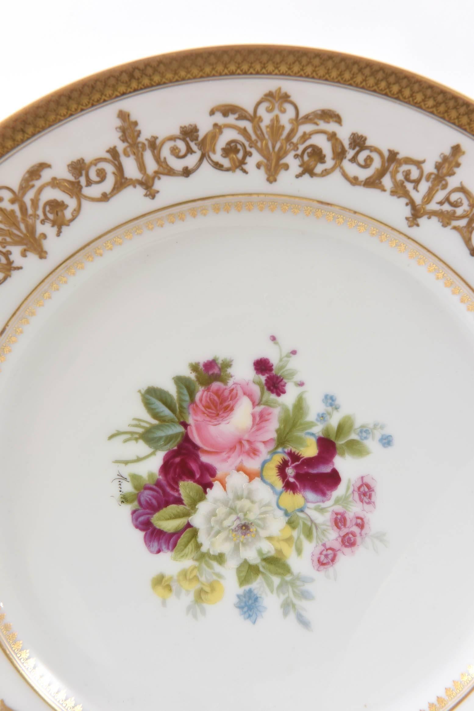 Hand-Crafted Antique Limoges Floral Plates, Raised Gilt Accents, Set of Six