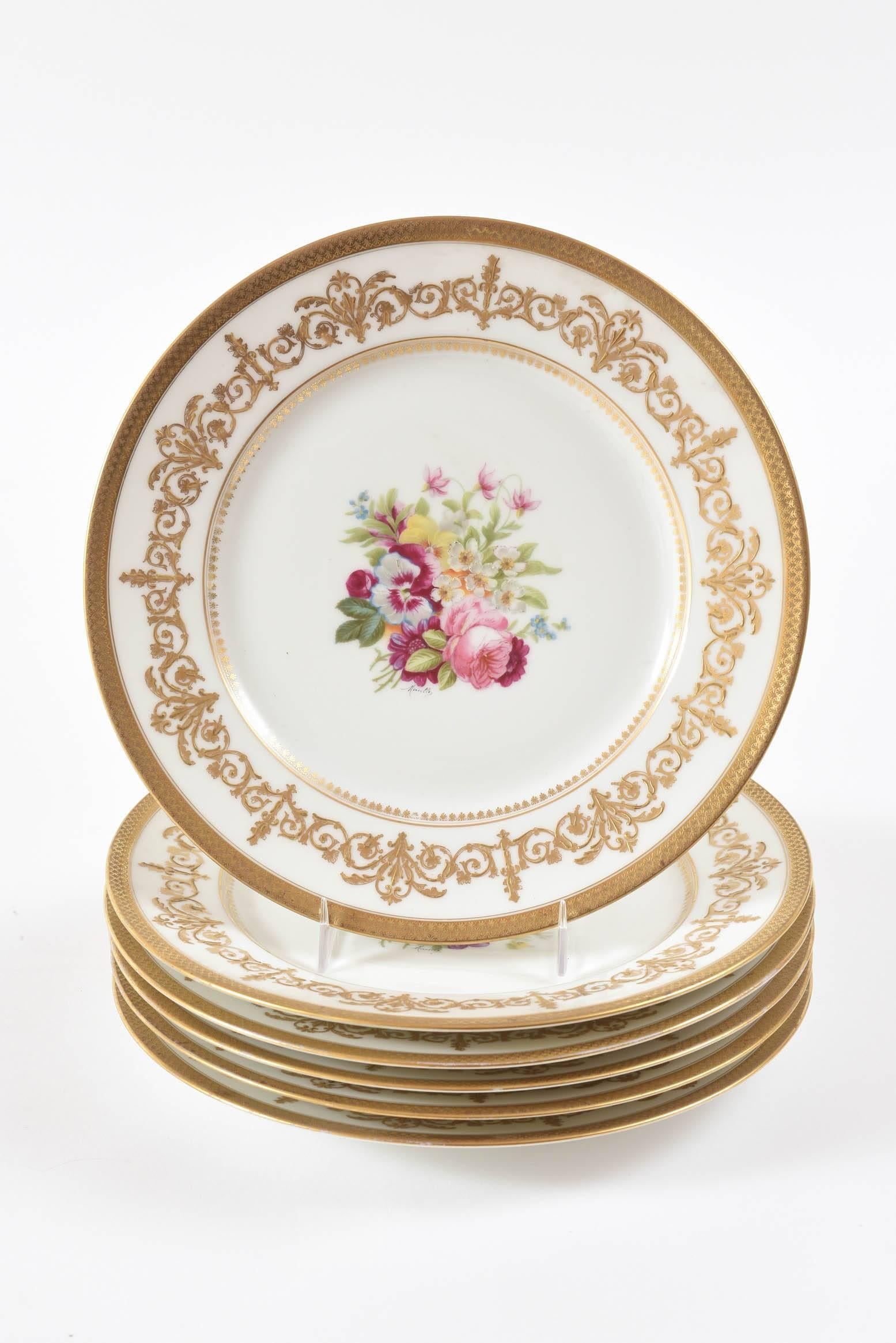 Early 20th Century Antique Limoges Floral Plates, Raised Gilt Accents, Set of Six