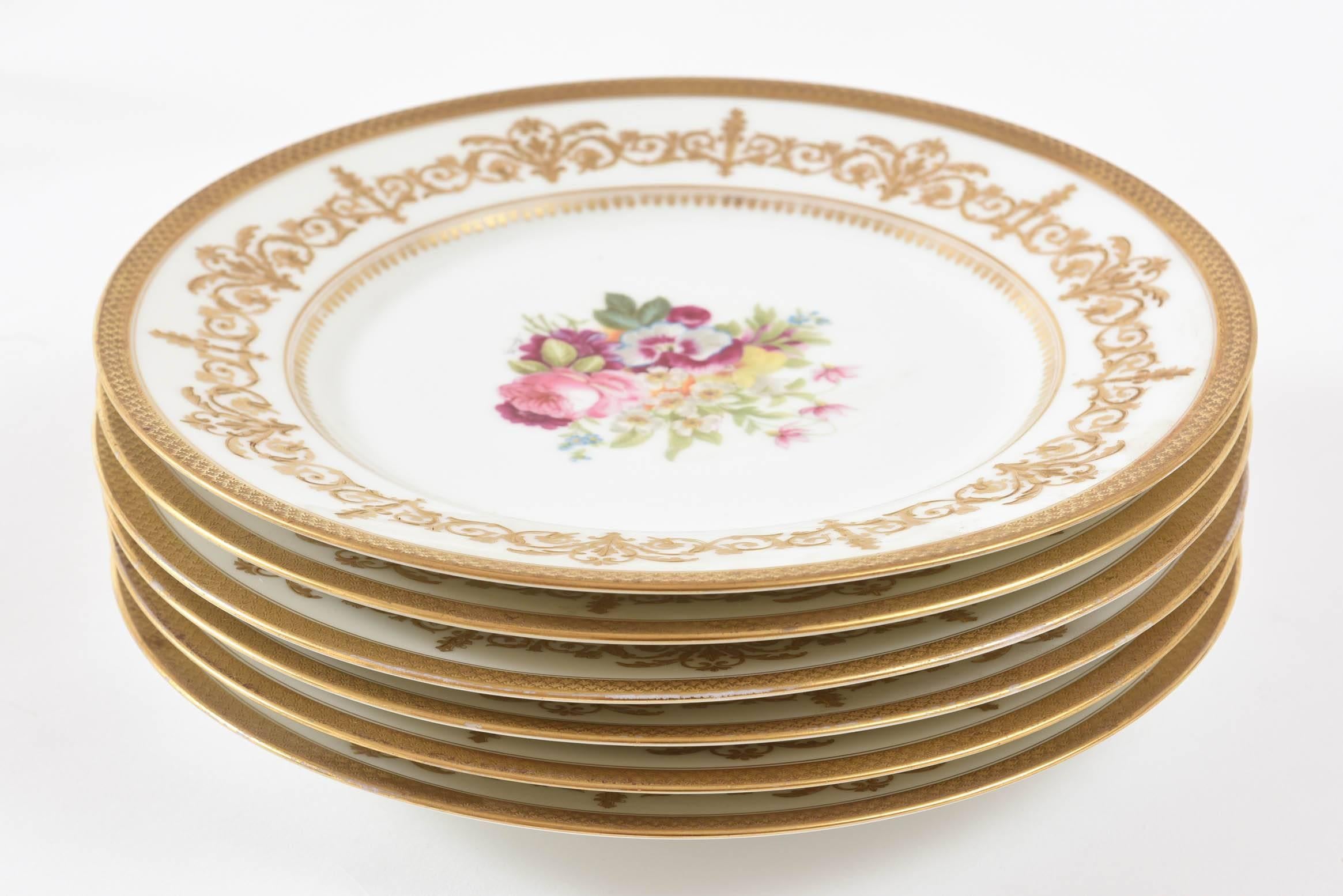 Gold Antique Limoges Floral Plates, Raised Gilt Accents, Set of Six