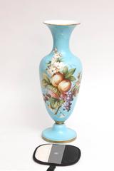 Tall Opaline Glass Vase with Hand-Painted Florals, Attributed to Baccarat