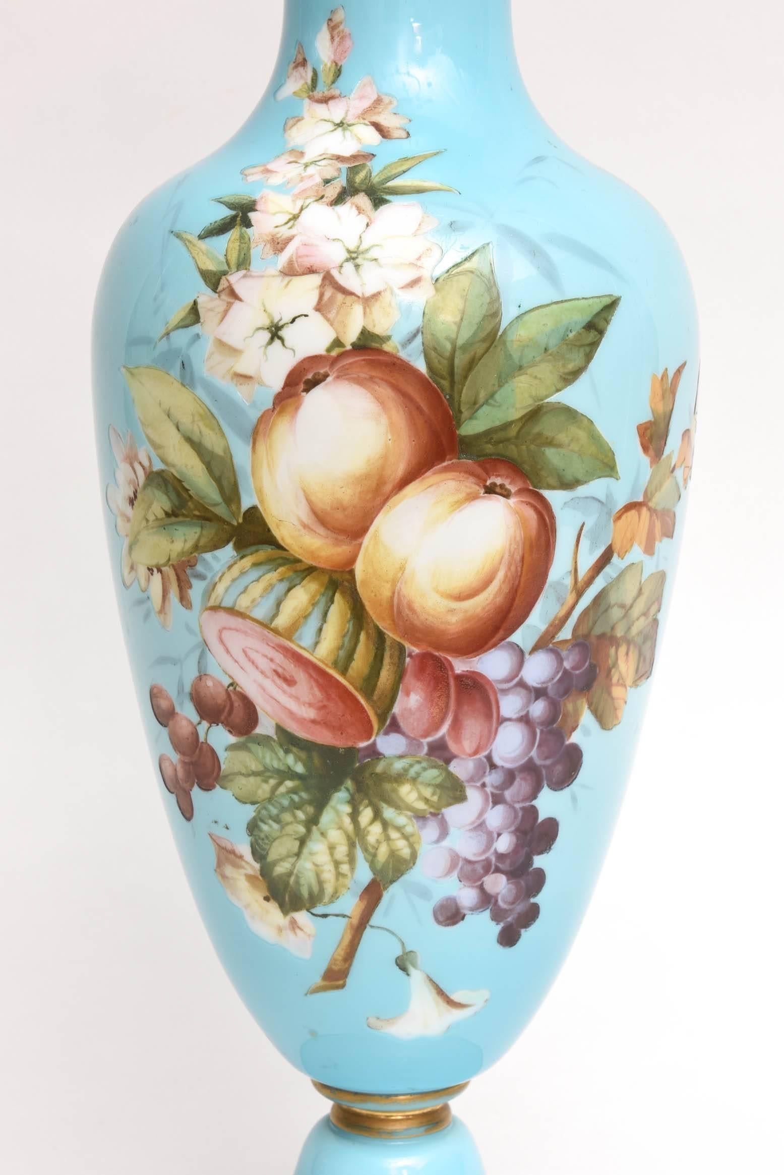French Tall Opaline Glass Vase with Hand-Painted Florals, Attributed to Baccarat