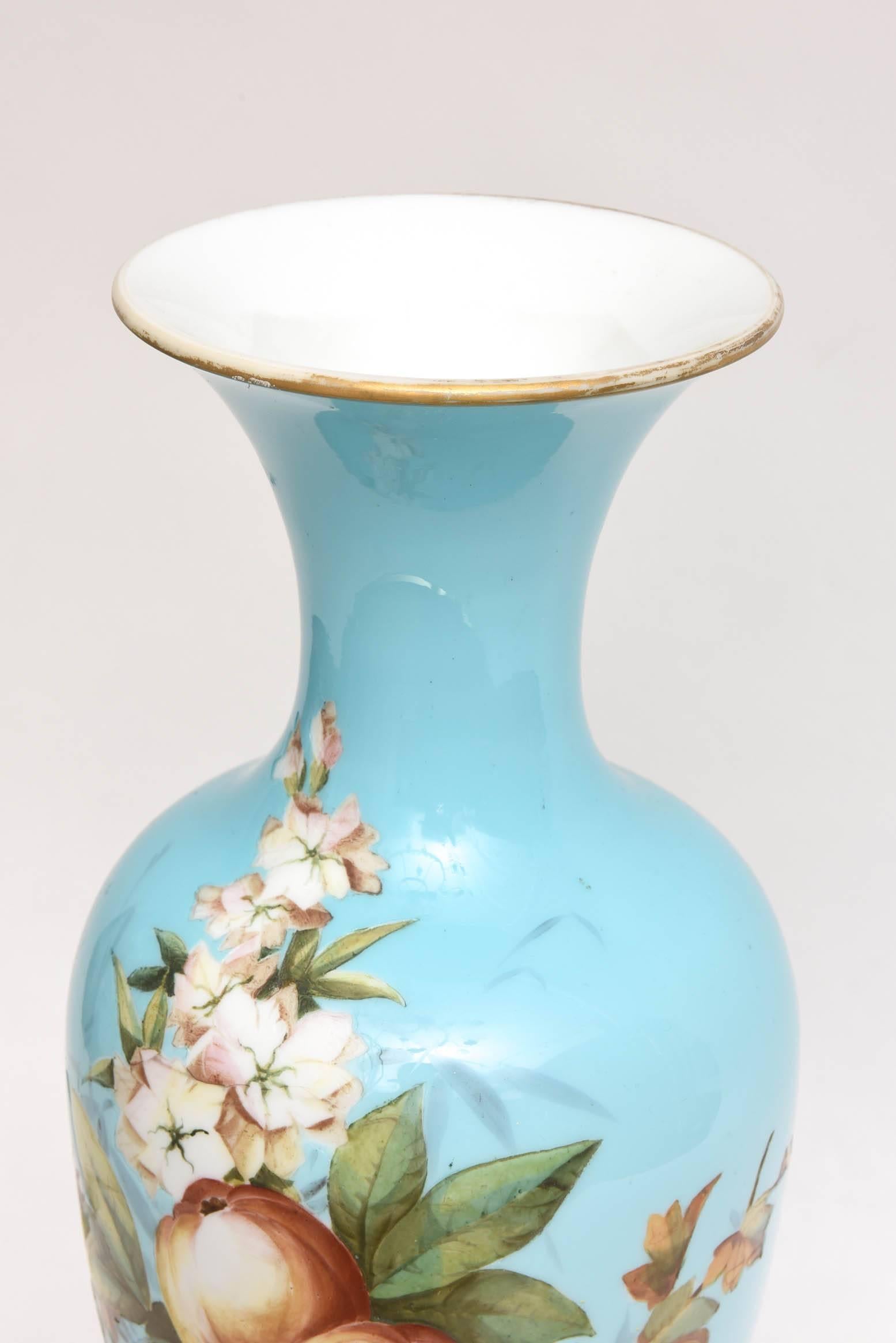 Hand-Crafted Tall Opaline Glass Vase with Hand-Painted Florals, Attributed to Baccarat